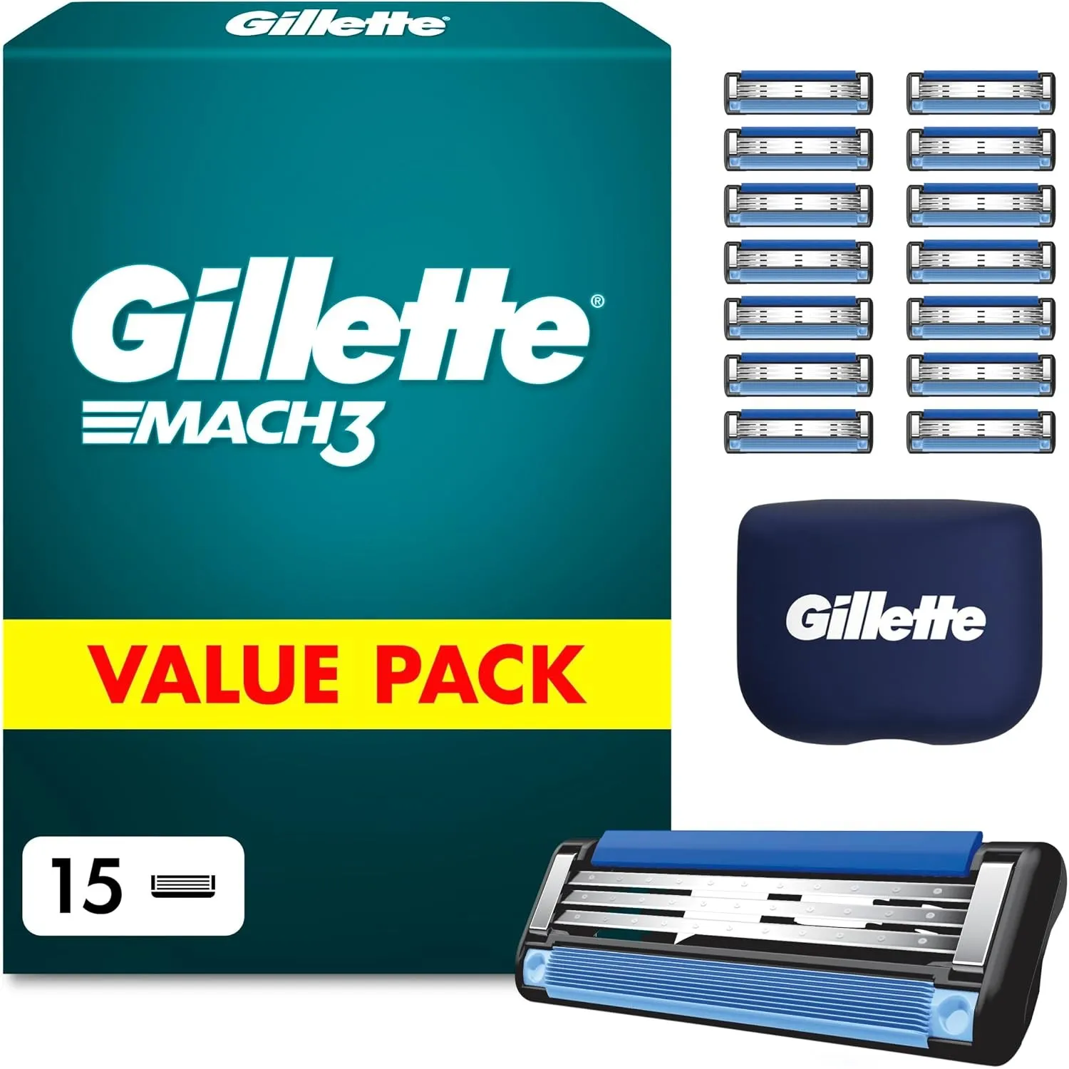 Gillette Mach 3 Klingen Herren, 15 Original Rasierklingen, Blau