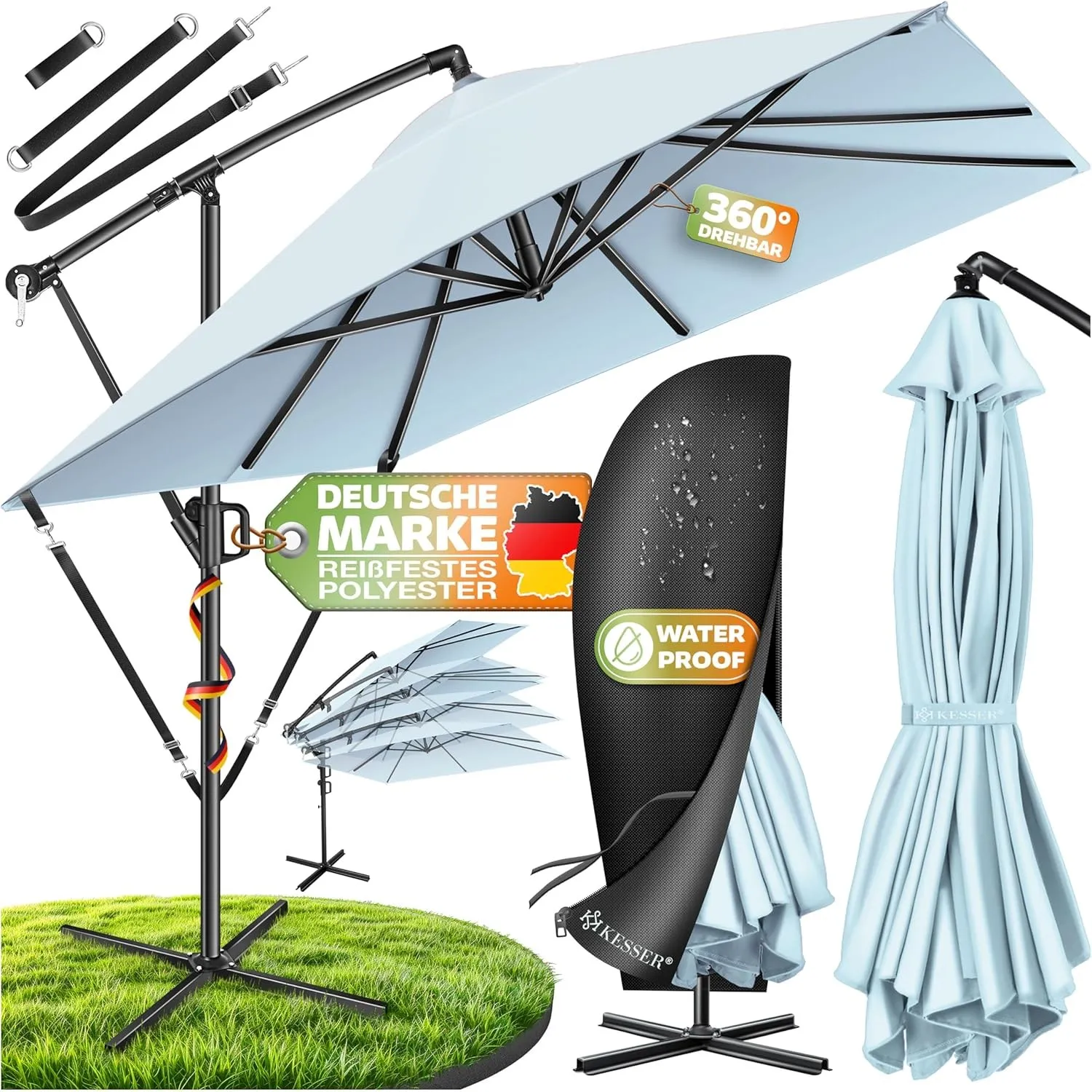 KESSER® Sonnenschirm 250x250cm, Kurbelschirm, Sonnenschirm Balkon, Garten, Sonnenschutz, Gestell & Ständer aus Alu + Ku…