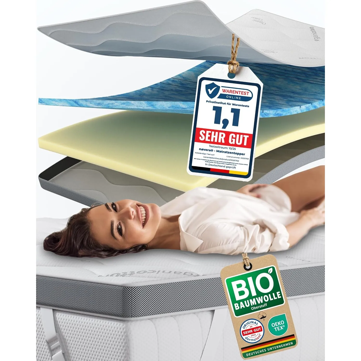 Premium Gel Topper 200x200cm | H2/H3 | Oberstoff aus 100% Bio-Baumwolle | wolkenweicher 7-Zonen Matratzentopper 200x200…
