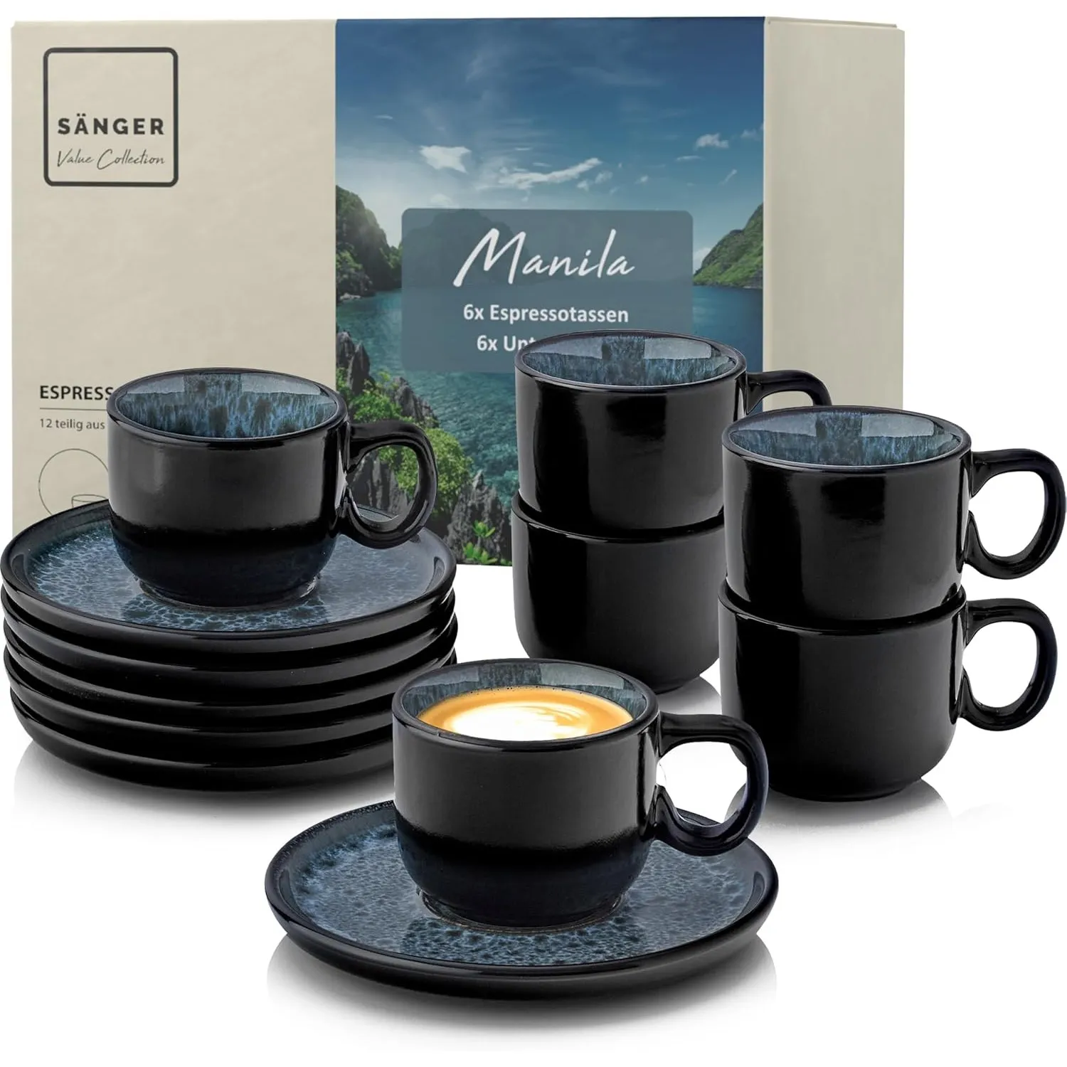 SÄNGER Manila | Espressotassen Set Steingut 12 tlg, Mokka Tassen Set 6 Personen, Tassen & Untertassen - spülmaschinenfe…