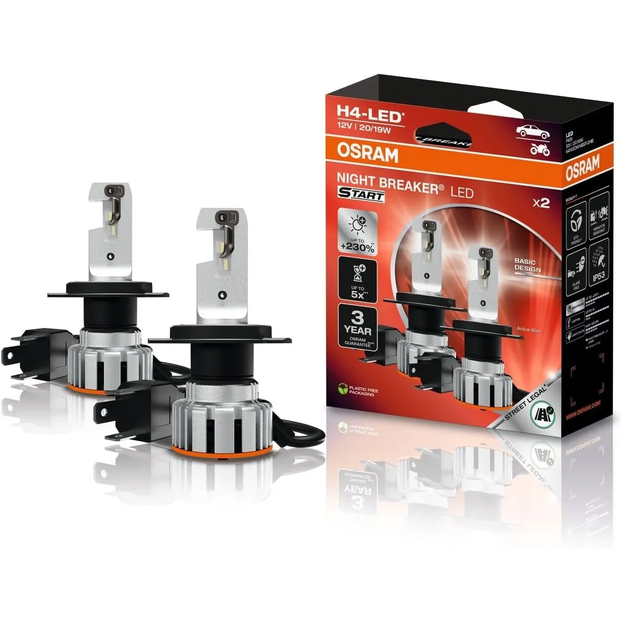 Osram NIGHT BREAKER LED START H4, LED-Fern- und Abblendlicht mit Straßenzulassung, bis zu 230% mehr Helligkeit, 6000 K,…