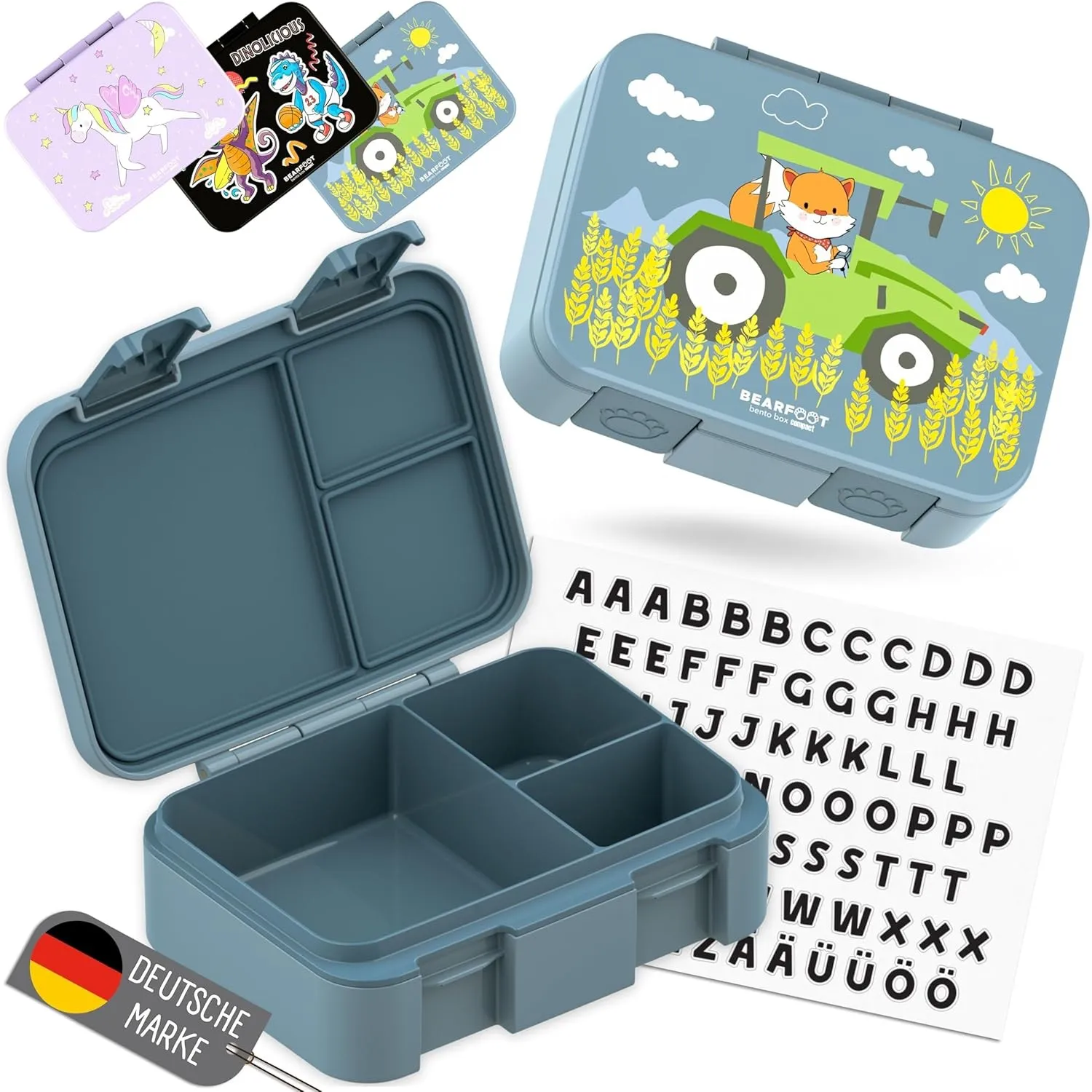 BEARFOOT Bento Box COMPACT Kinder Brotdose (Traktor-blau, 650 ml) | BPA-frei, auslaufsichere Lunchbox mit Fächern, für …