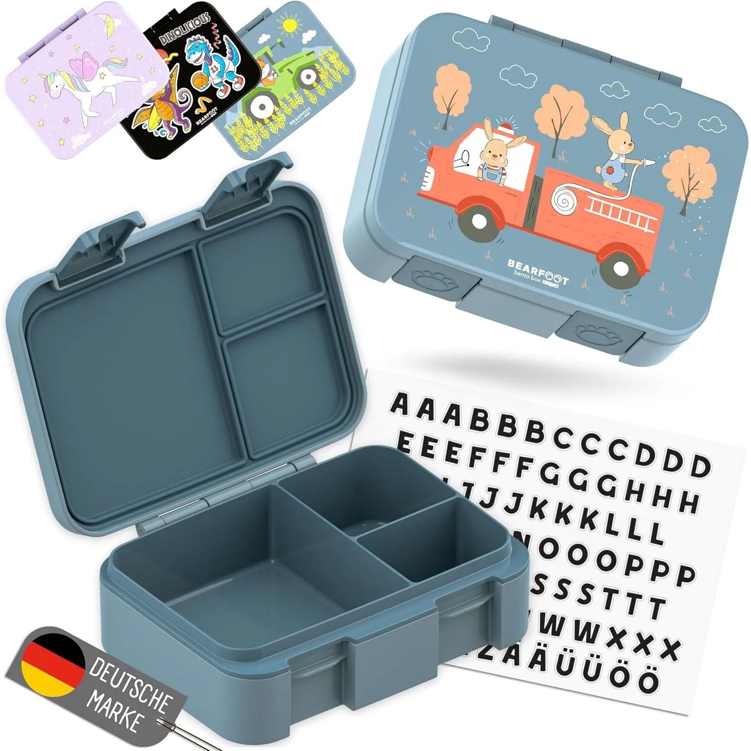 BEARFOOT Bento Box COMPACT Kinder Brotdose (Feuerwehr-blau, 650 ml) | BPA-frei, auslaufsichere Lunchbox mit Fächern, fü…