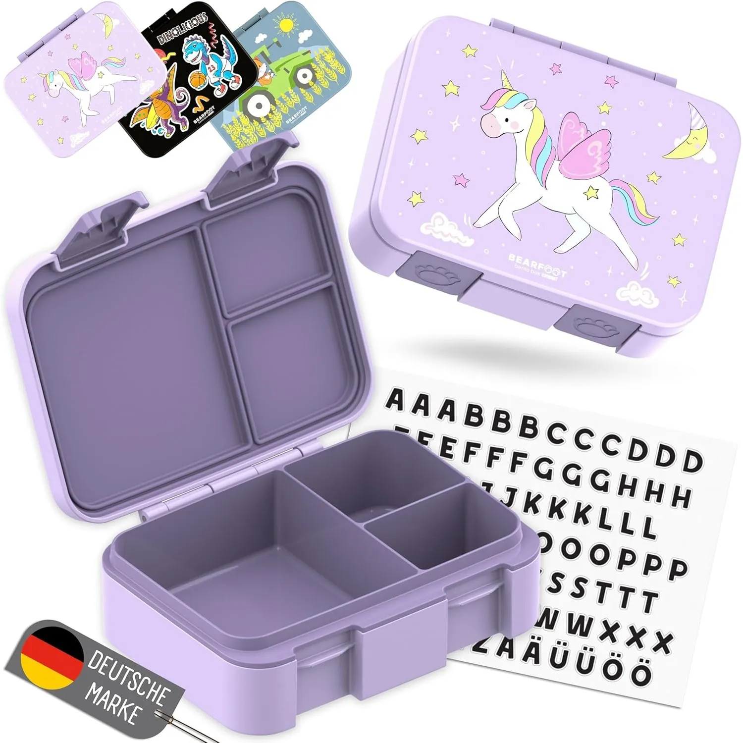 BEARFOOT Bento Box COMPACT Kinder Brotdose (Einhorn-lila, 650 ml) | BPA-frei, auslaufsichere Lunchbox mit Fächern, für …