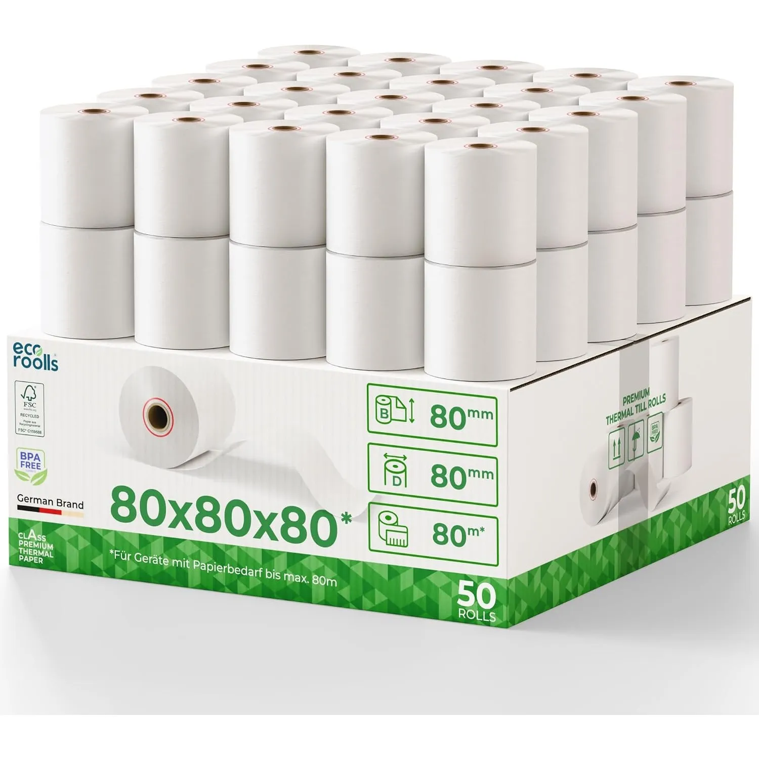 Thermorollen 80mm x 80mm x 12mm [Für alle üblichen Kassensysteme] - Kassenrollen 80x80x12 Thermo - Bonrollen Thermopapi…