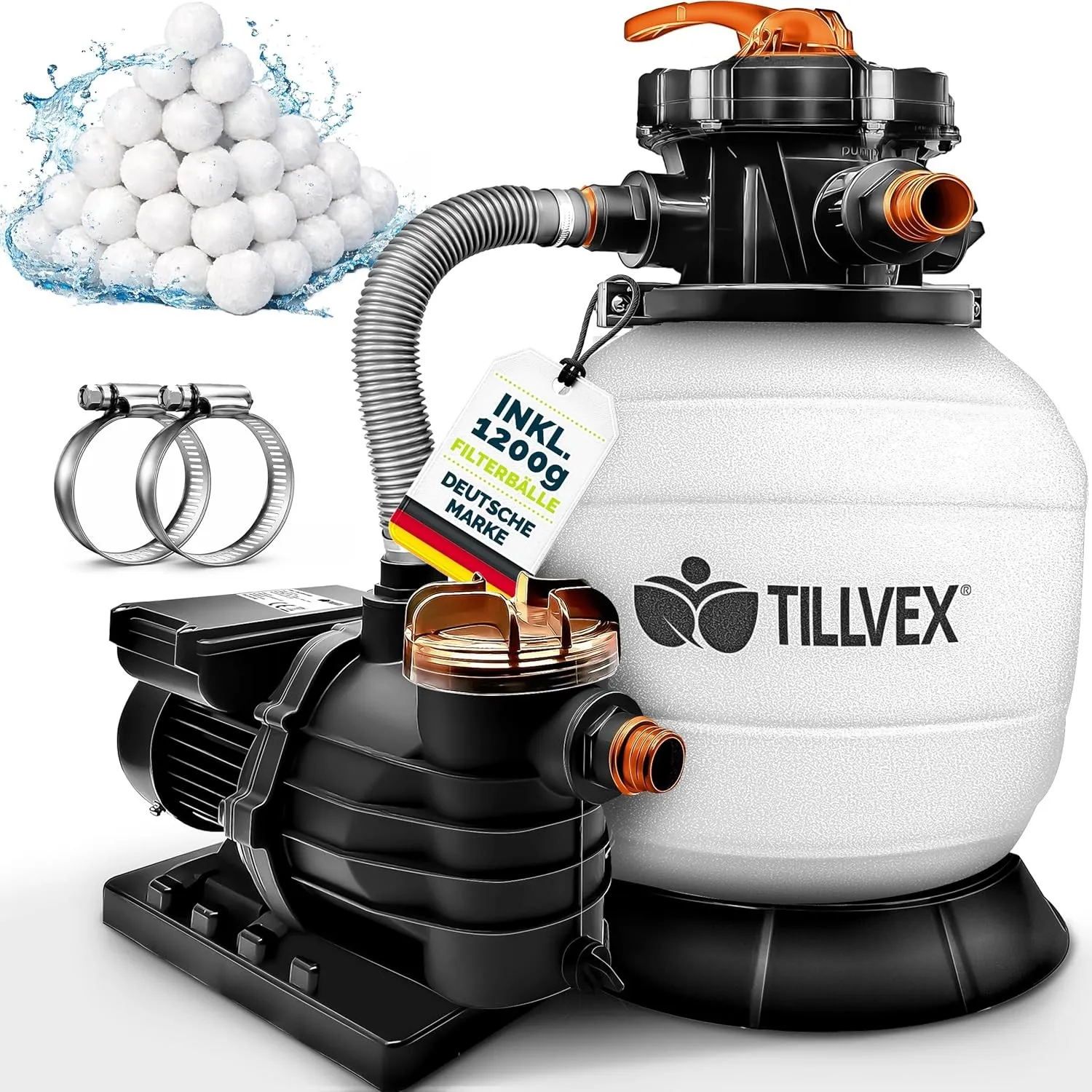 tillvex® Sandfilteranlage Pool 13.200L/h + 1200g Filterbälle bis 40.000L | Filteranlage inkl. 7-Wege Ventil & 2in1 Adap…