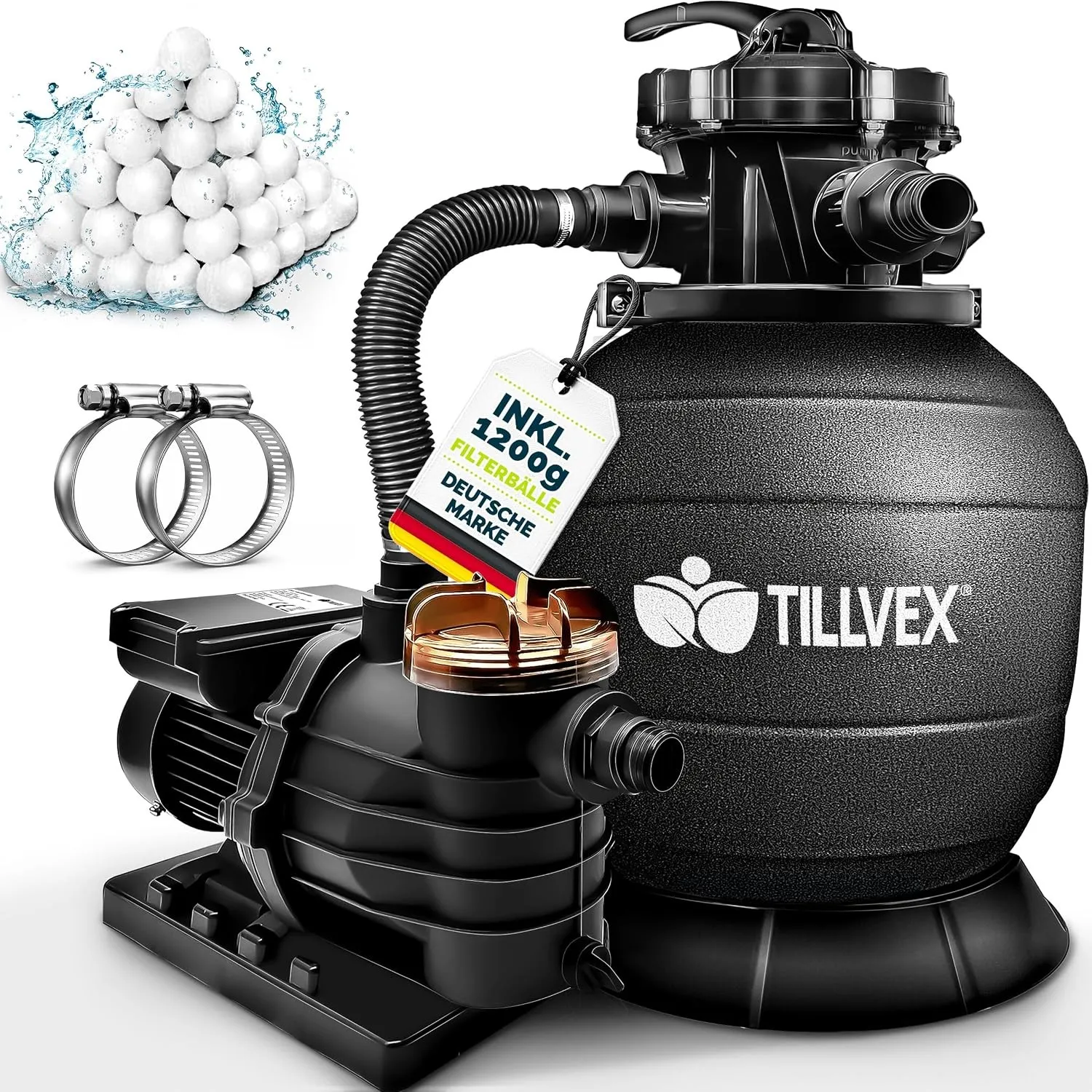 tillvex® Sandfilteranlage Pool 13.200L/h + 1200g Filterbälle bis 40.000L | Filteranlage inkl. 7-Wege Ventil & 2in1 Adap…