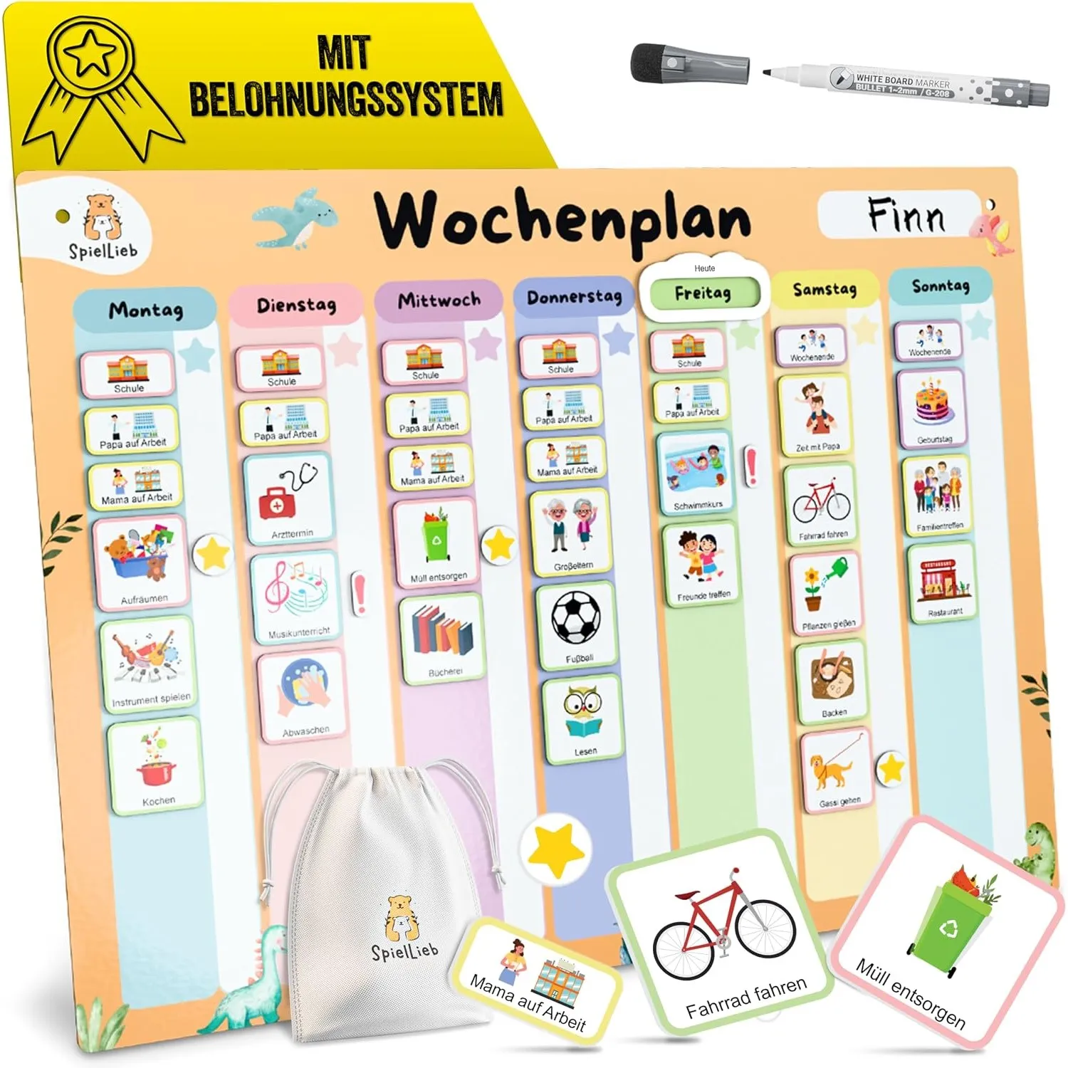 SpielLieb® Montessori Wochenplaner Kinder magnetisch – Magnettafel 216 Magnete, beschreib- & abwischbar – Routine Plane…