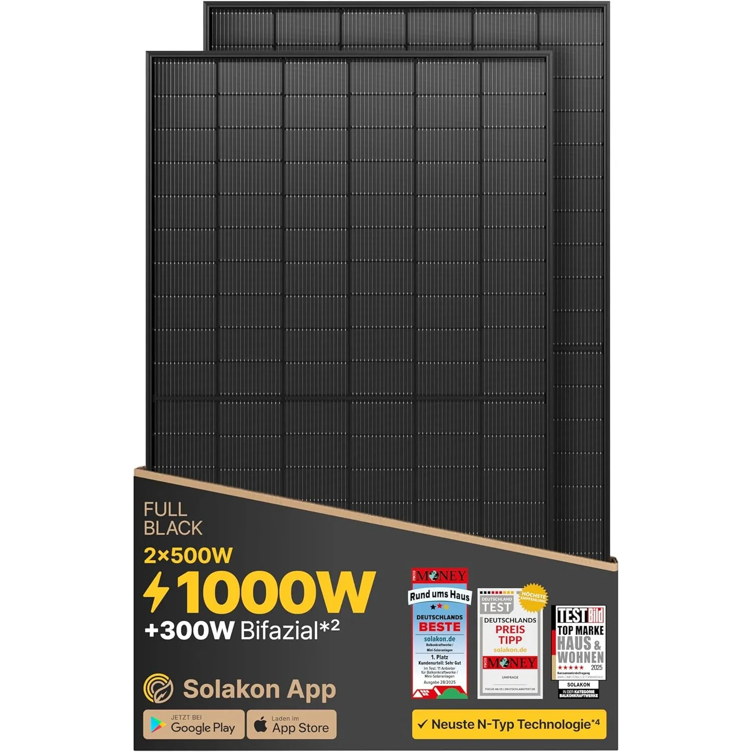 Solakon Solarpanel 500W, Bifazial Glas-Glas N-Type Solarmodul, 40v Full Black Solarmodule/Solar Module für Balkonkraftw…