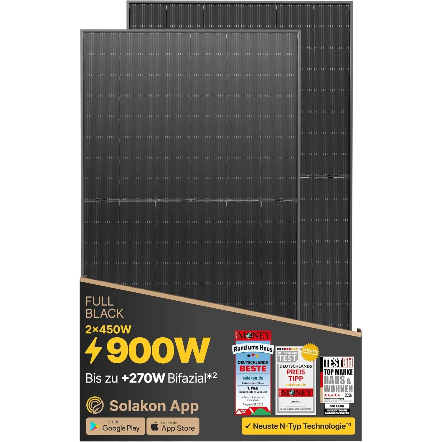 Solakon Solarpanel 450W, Bifazial Glas-Glas N-Type Solarmodul, 40v Monokristalline Solarmodule/Solar Module für Balkonk…