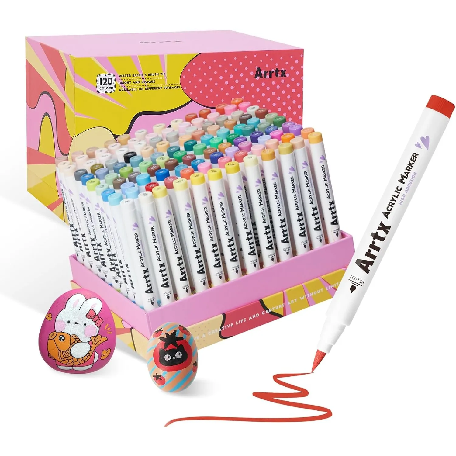 Arrtx 120 Acrylstifte für Steine Wasserfest, Graffiti Acrylstifte Marker Pinsel Spitze, Acrylmarker für Glas, Steine ma…