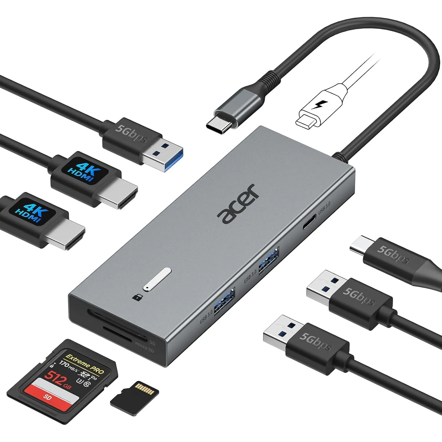 Acer USB C Docking Station Dual HDMI 4K@60Hz, 9IN1 mit 5Gbps Daten, 100W PD
