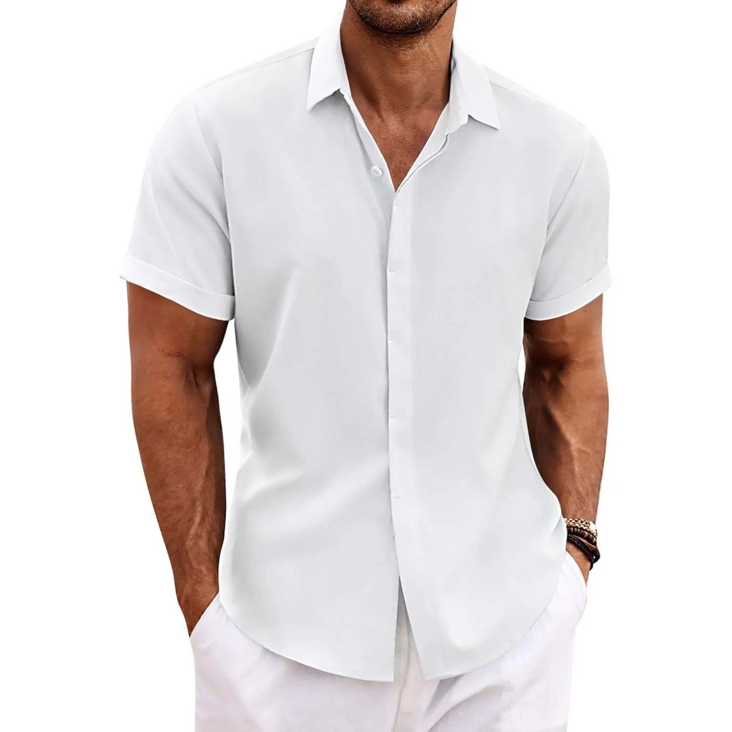COOFANDY Leinenhemd Herren Kurzarm Hemd Button Down Regular Fit Freizeithemden Sommer Strand Leinen Shirt