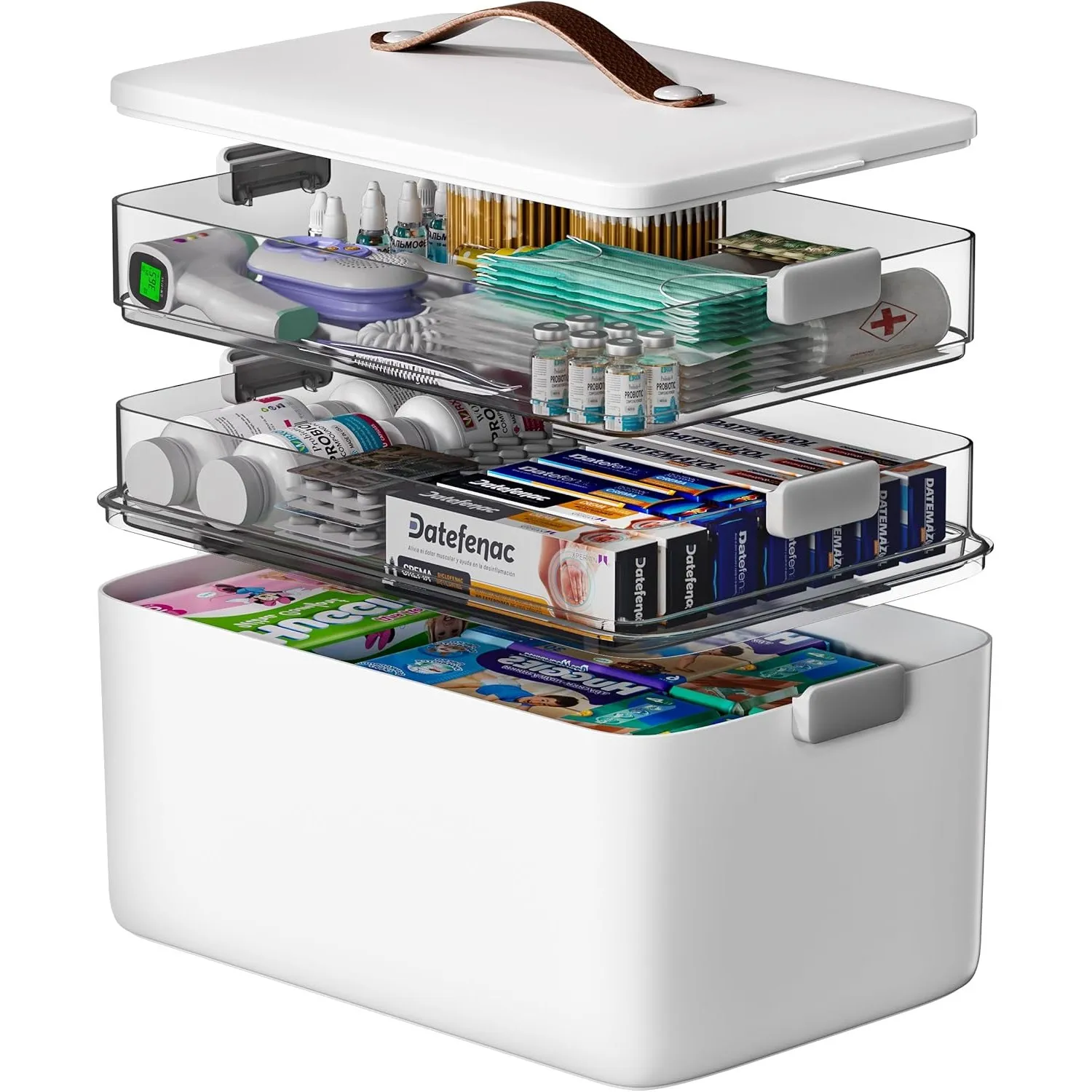 CTIME 3-stöckige Medizinbox - Tragbar mit Lederhenkel, ideal für Haushalt und Reisen