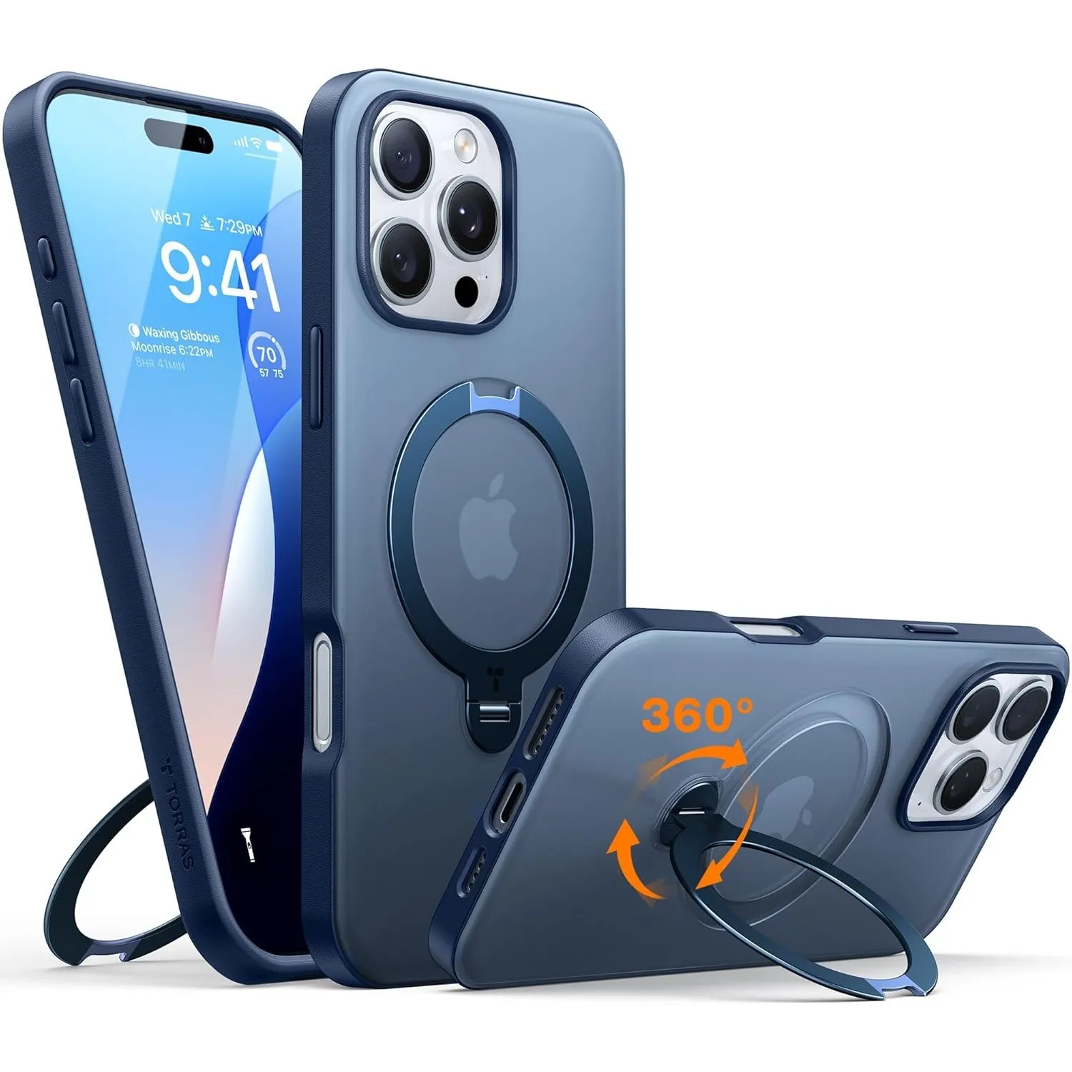 TORRAS Ostand Q3 Spin für iPhone 16 Pro Max Hülle mit 360° Ständer Blau | (360° Magnetischer Unsichtbarer Ständer) Zert…