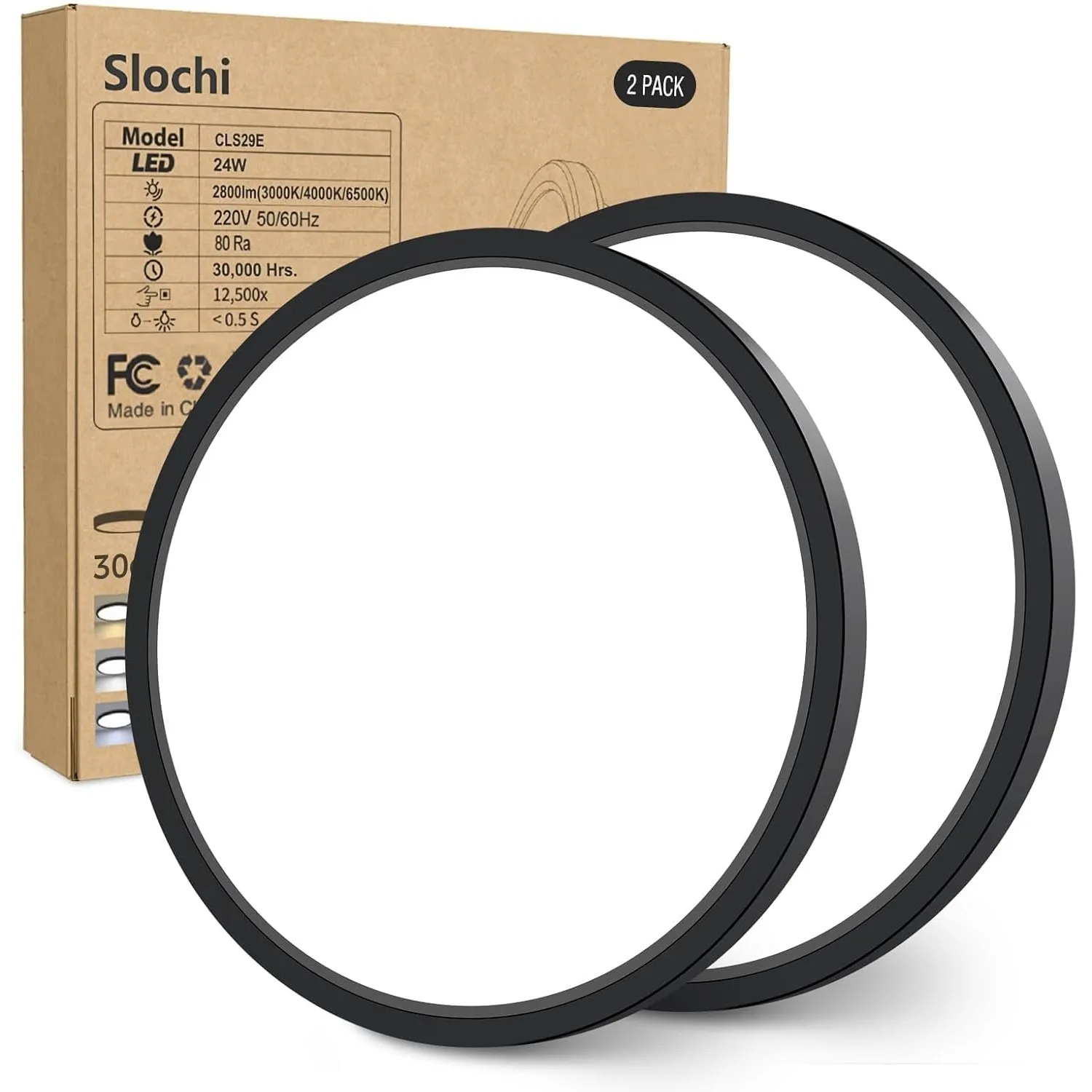 slochi Deckenlampe LED Deckenleuchte Flach, Ø30CM 3Farben 24W Schwarz