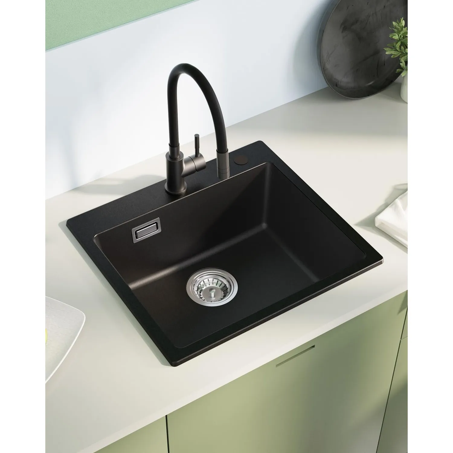 Küchenspüle Schwarz Granit 50x45cm, Spülbecken küche, Spüle Schwarz