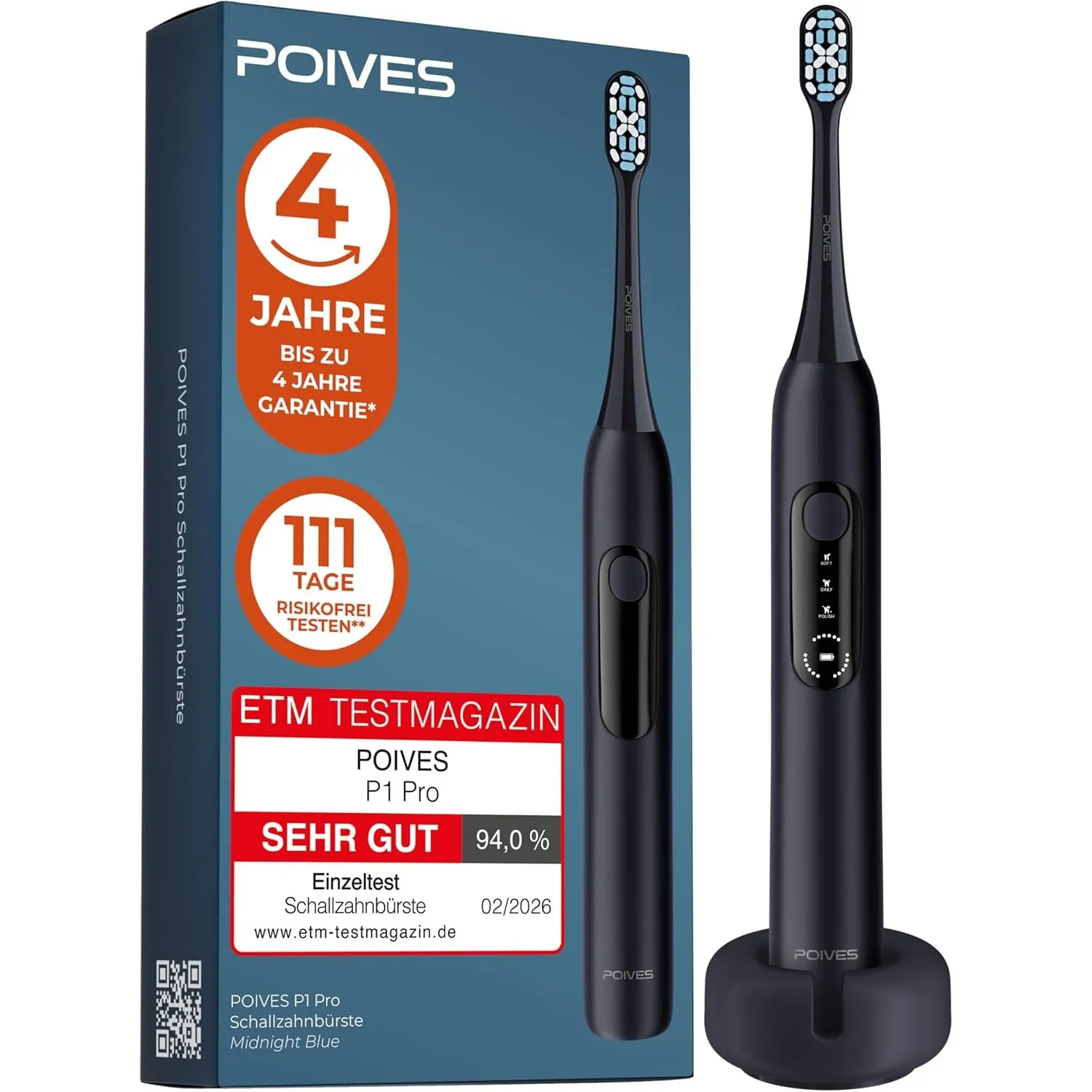 Schallzahnbürste Testsieger 2026* POIVES P1 Pro Ultraschall, Midnight Blue