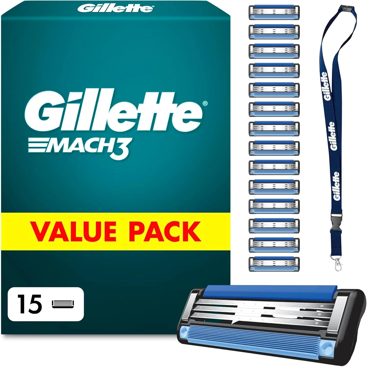 Gillette Mach 3 Standard Klingen Herren, 15 Original Rasierklingen, Blau