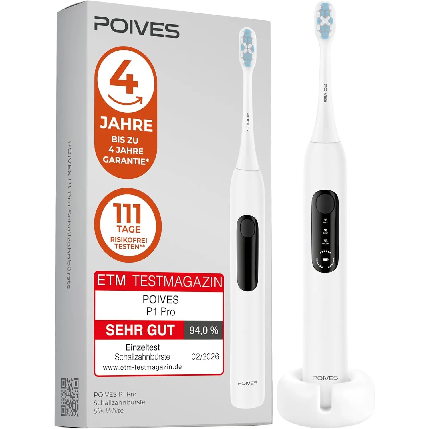 Schallzahnbürste Testsieger 2026* POIVES P1 Pro Ultraschall, Silk White