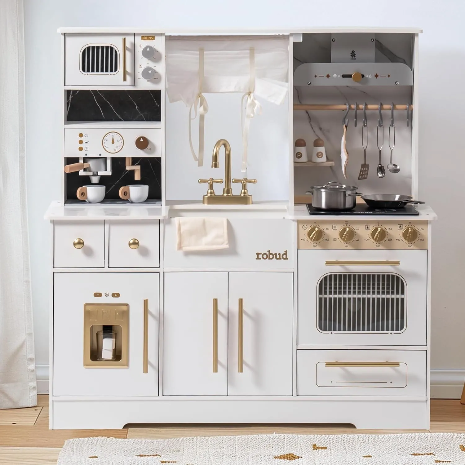 ROBUD Küchenspielset für Kinder aus Holz – Moderne, große Spielküche in Weiß mit Kühlschrank, Kaffeemaschine, Eismaschi…