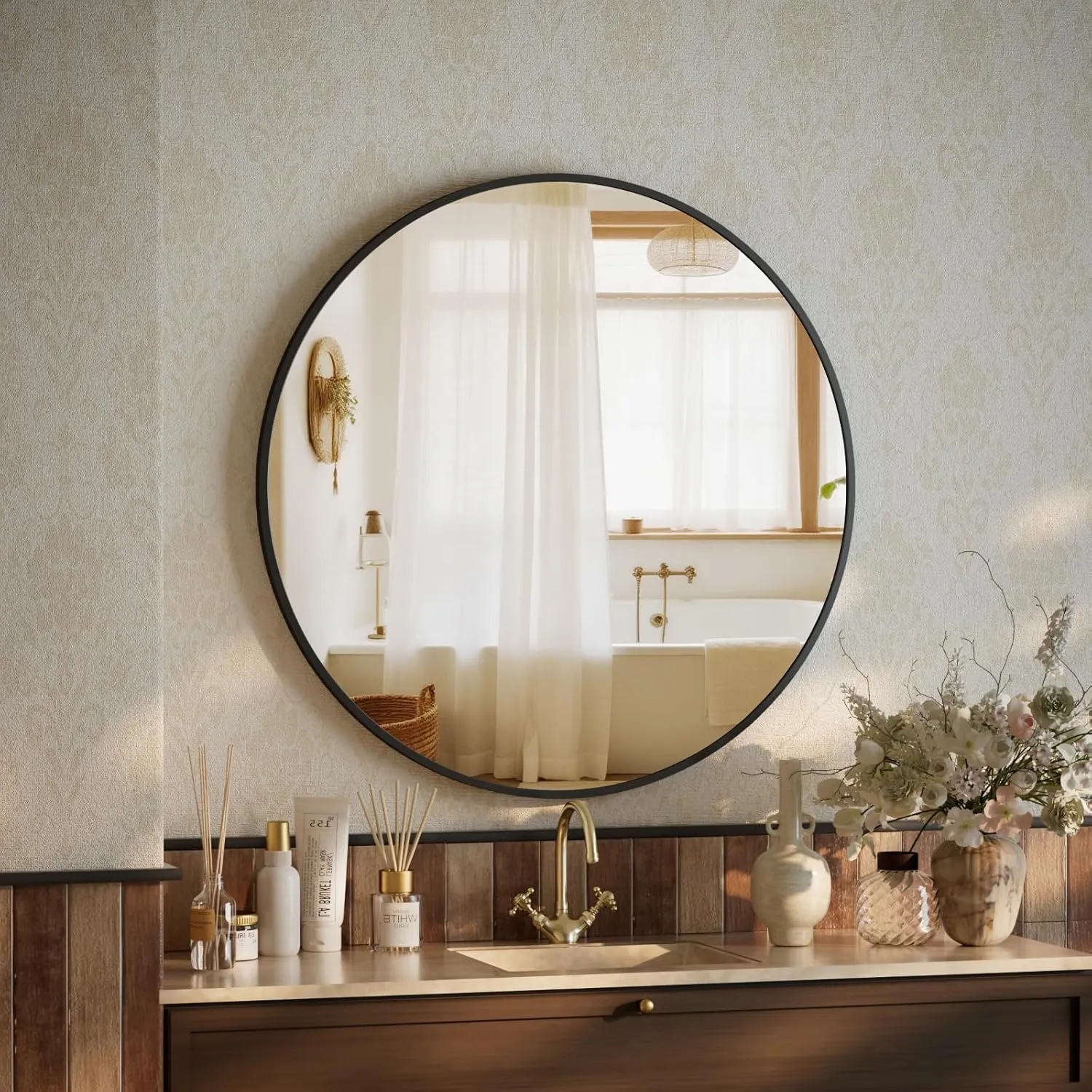 BEAUTYPEAK 46 cm Runder Spiegel, Bruchsicherer Wandspiegel mit Aluminiumrahmen, Badezimmer Spiegel zum Aufhängen und An…