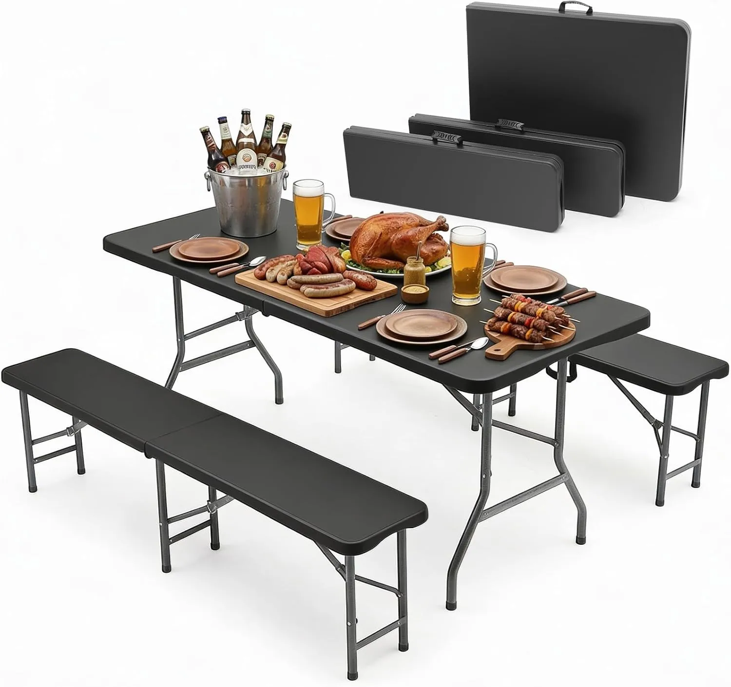 Sekey Bierzeltgarnitur Klappbar Kunststoff | Tisch + 2 x Bierbank mit Tragegriffe Gartenmöbel Set | 180cm Festzeltgarni…