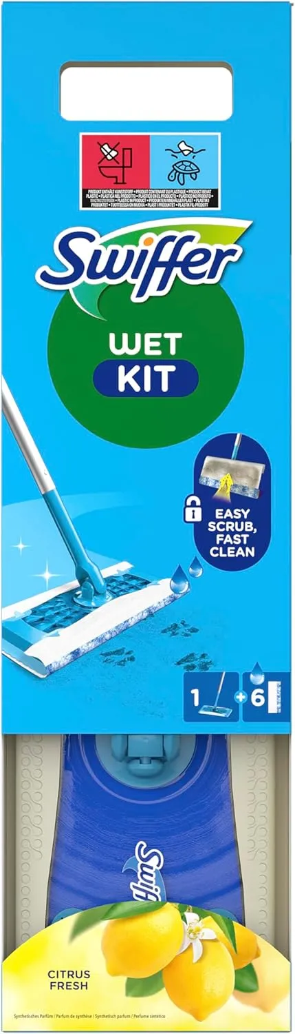 Swiffer Bodenwischer Wet Mop Starter-Set Zur Reinigung Von Böden Mit Schrubbwirkung, Enthält: 1 Bodenwischer, 6 Feuchte…
