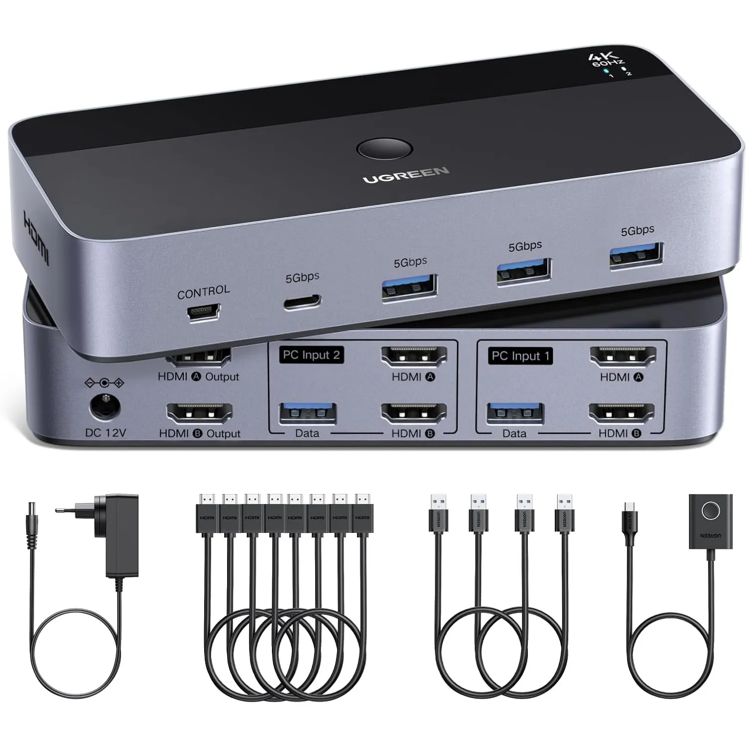 UGREEN HDMI KVM Switch 4K60Hz 2 PC 2 Monitore 4 USB Ports mit 4 HDMI Kabeln