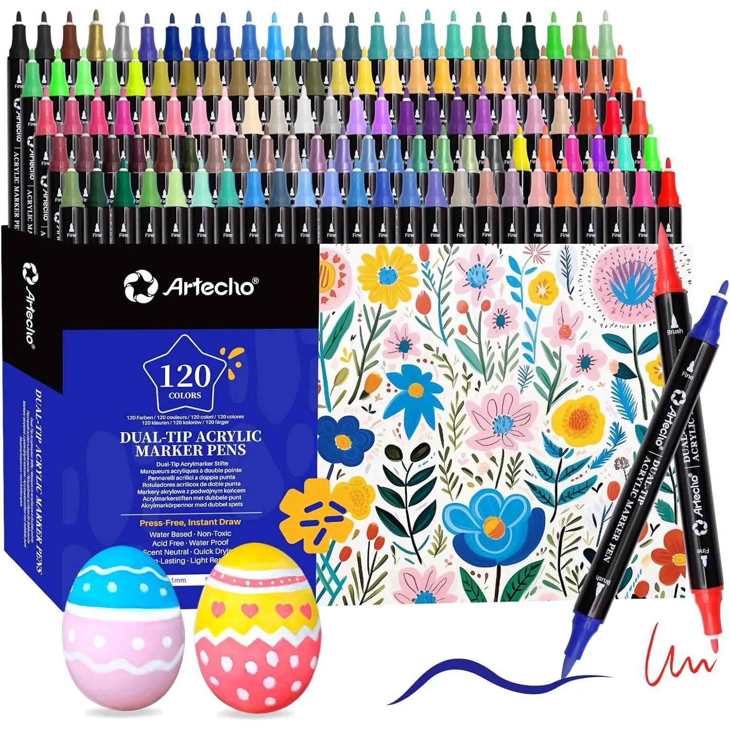 Artecho Acrylstifte 120 Farben, 0.5-5mm Wasserfester Dual Tip Marker (Pinsel und feine Spitze), mit doppelten Enden für…