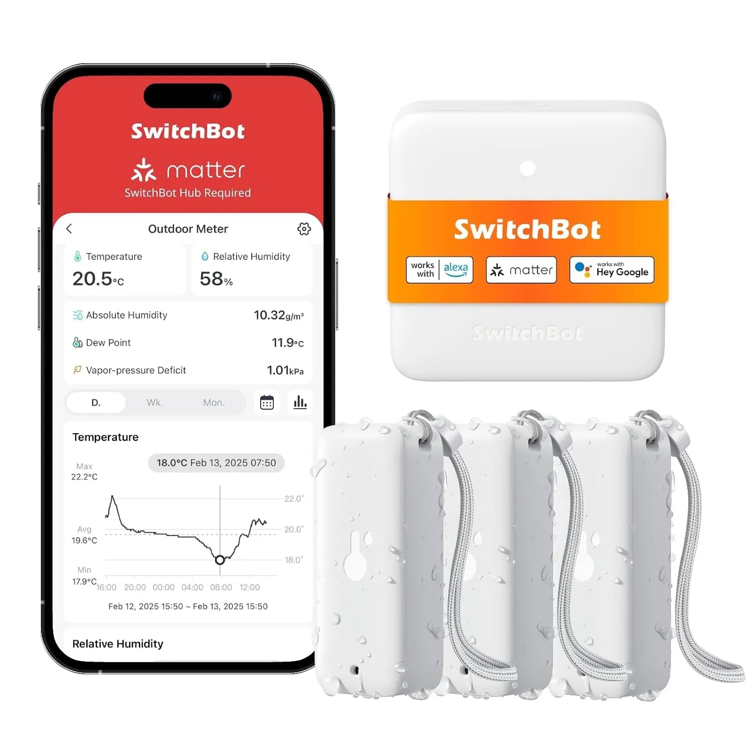 SwitchBot WLAN Hygrometer Thermometer Innen Außen 3er-Pack mit Hub Mini Matter, IP65 Wasserdichter Temperatur- und Feuc…