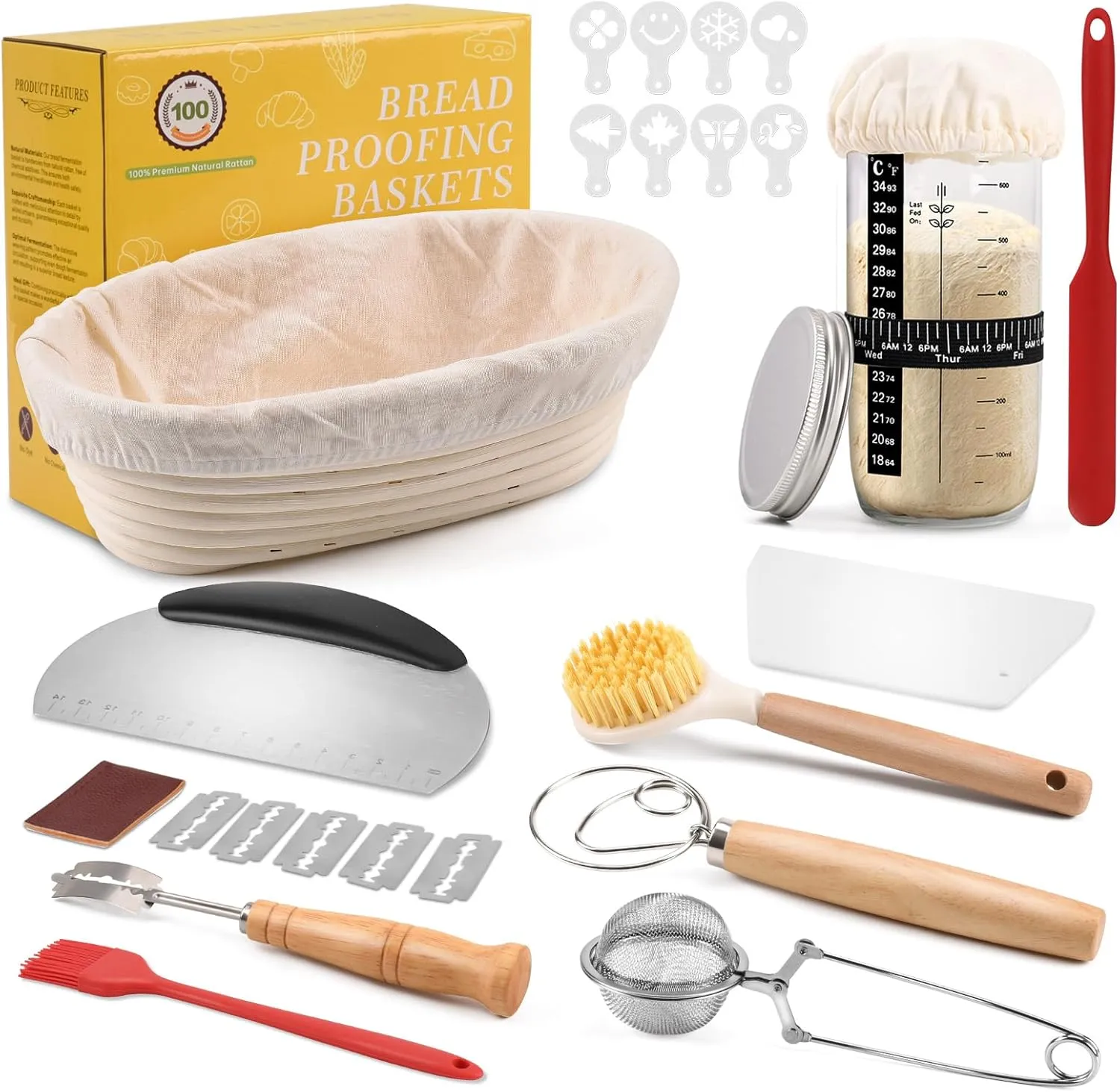 Sauerteig Starter Set, 11-teilig Gärkorb Brot Set, Oval 25cm, Rattan, Komplettset Brot Backen Zubehör, Geschenk für Anf…