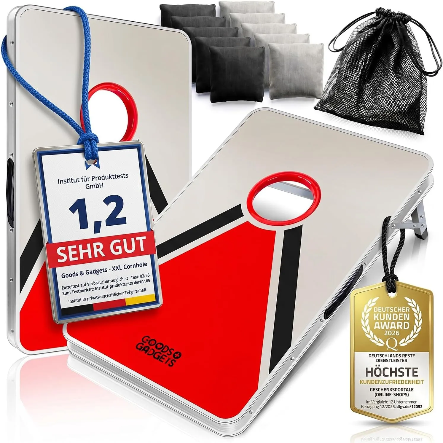 GOODS+GADGETS® Alu Cornhole Spiel XXL - Sackloch Wurfspiel Outdoor & Indoor | 10 extra große Sandsäckchen, robuste Spie…