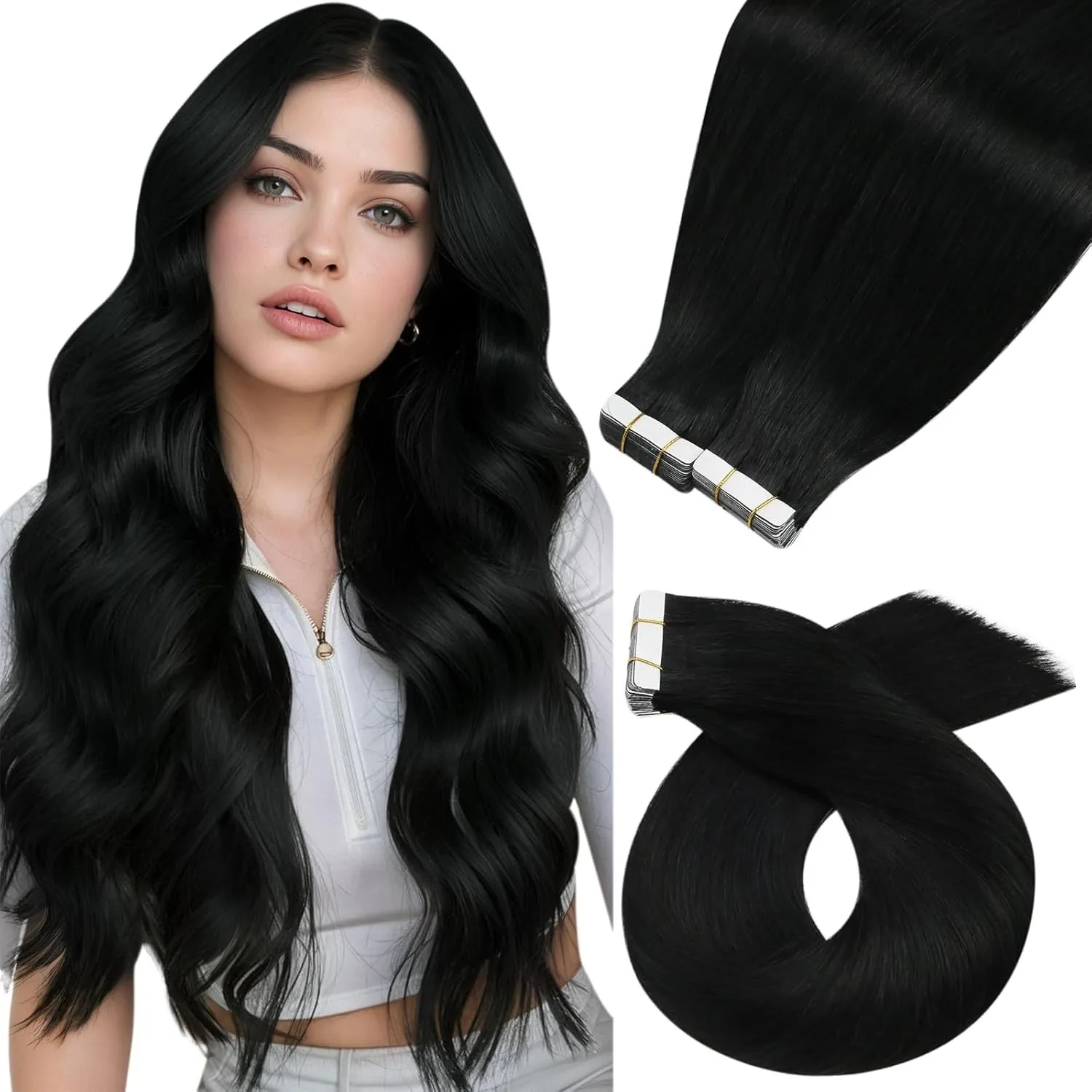 Moresoo Tape Extensions Echthaar 40Stück 100G Schwarz Invisible 50 cm