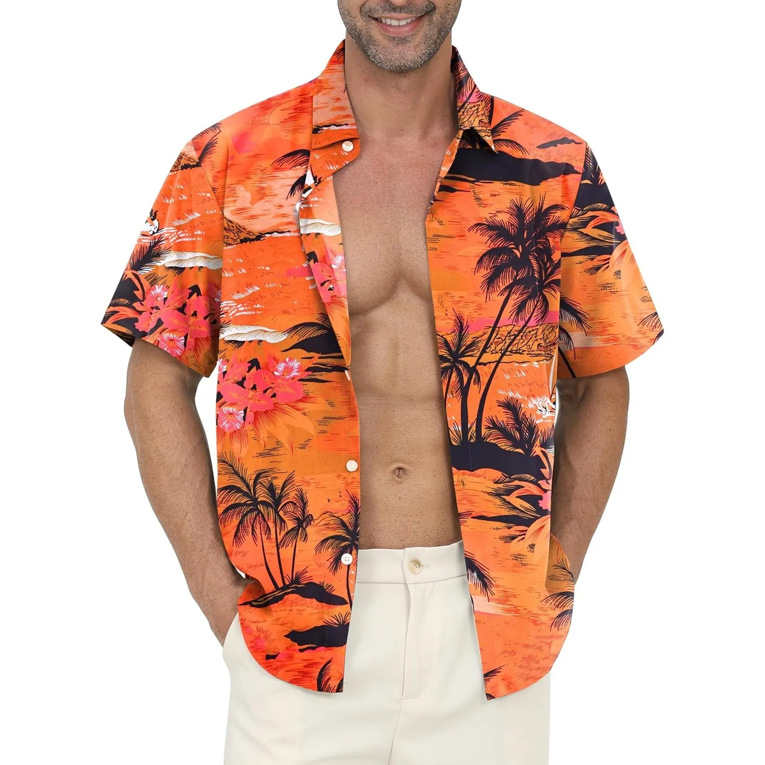 Hawaiihemd Männer Blumen Freizeit Strandhemd mit Brusttasche Atmungsaktiv Regular Fit Hawaii Shirt