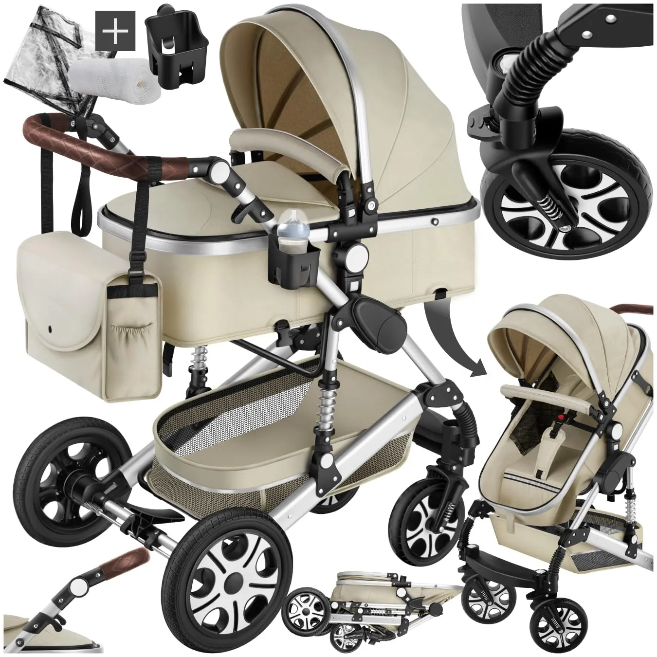 tectake® 2 in 1 Kinderwagen, klappbarer Kinderwagen Buggy mit Liegefunktion, Fußsack, Getränkehalter, herausnehmbarer B…