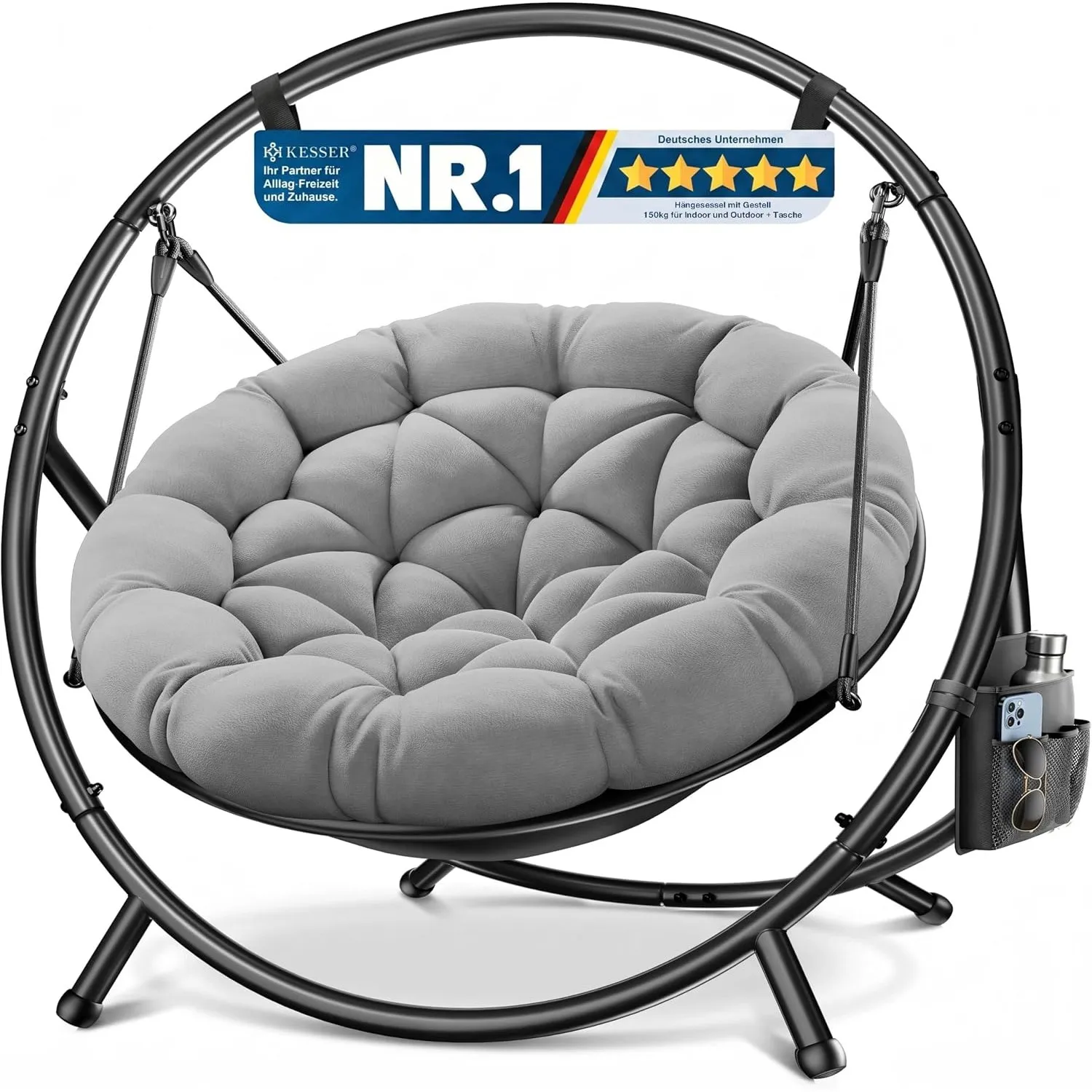 KESSER® Hängesessel mit Gestell Bali Hängeschaukel Hängestuhl bis 150kg für Indoor und Outdoor + Kissen & Seitentasche …