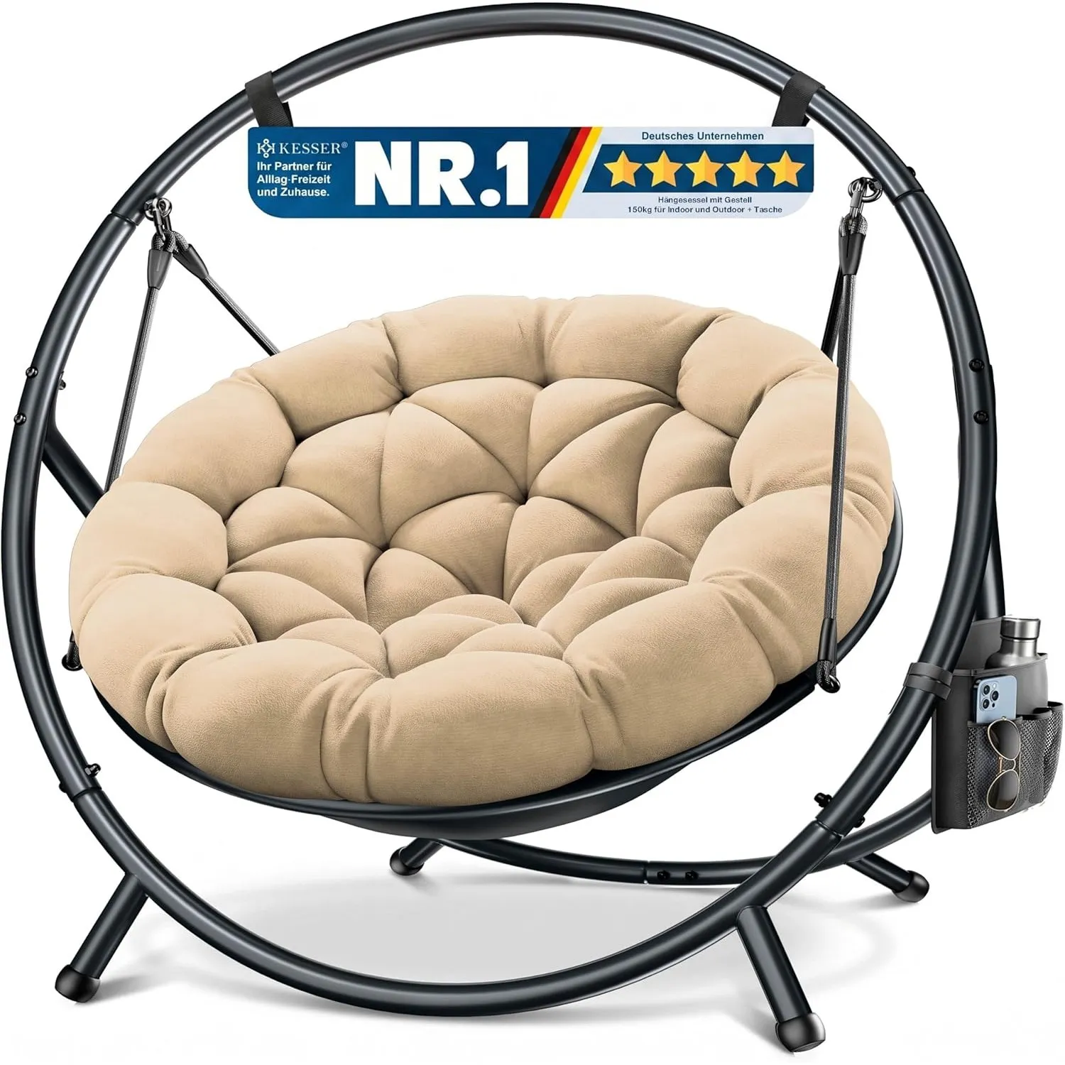 KESSER® Hängesessel mit Gestell Bali Hängeschaukel Hängestuhl bis 150kg für Indoor und Outdoor + Kissen & Seitentasche …
