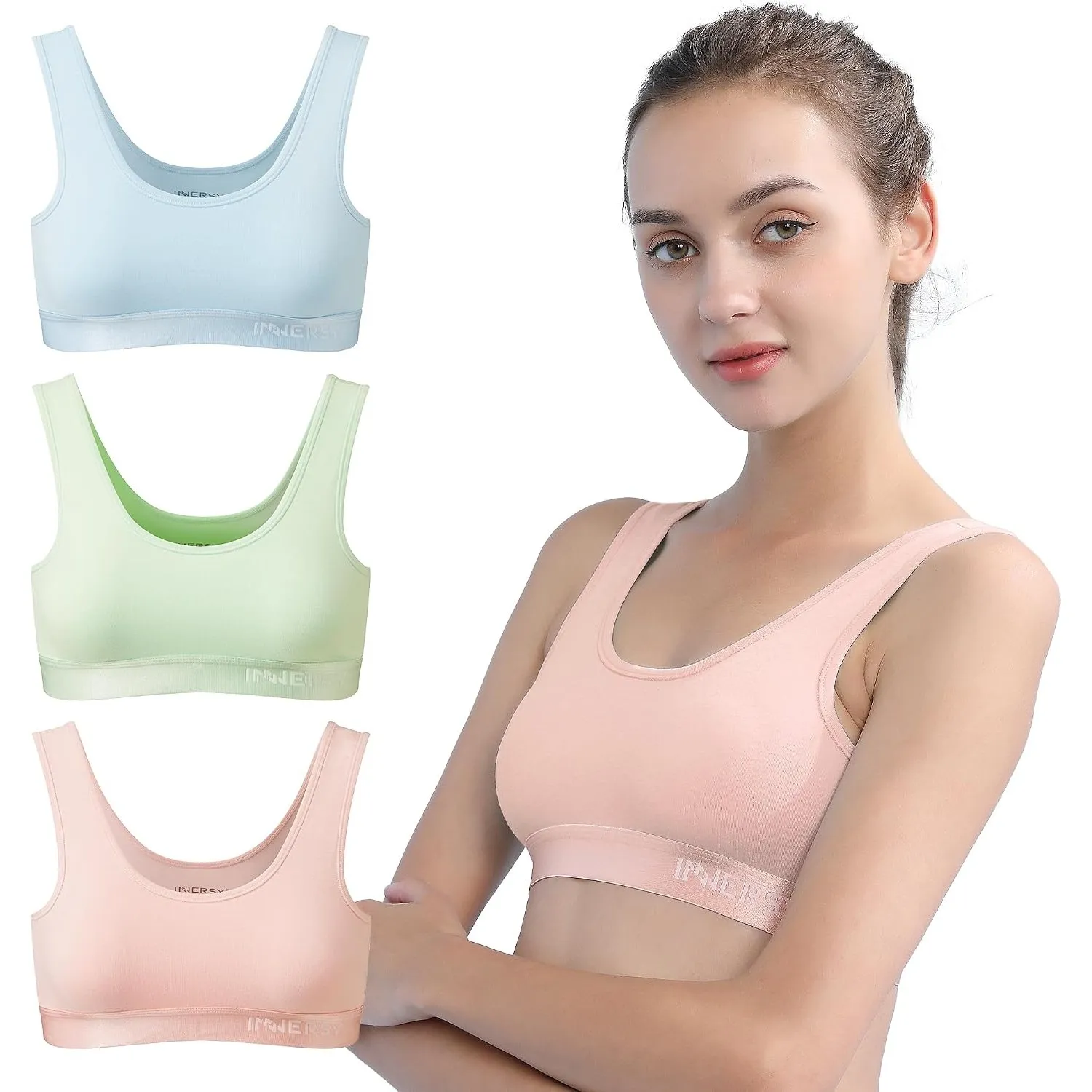 INNERSY Bustier Mädchen Baumwolle Sport BH ohne Bügel Bralette Mehrpack 3