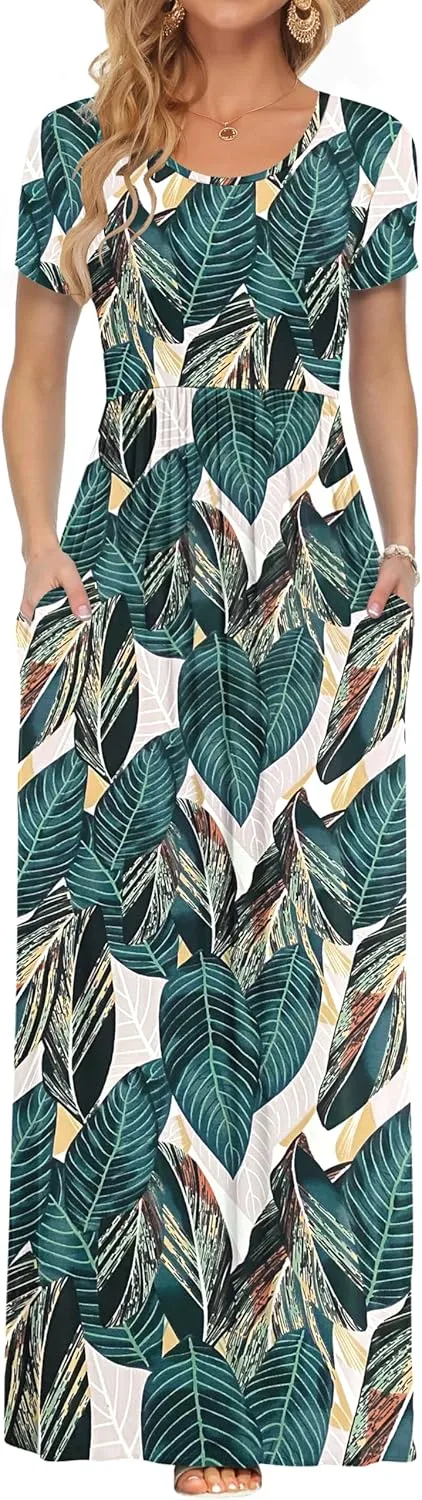 Auselily Women's Short-Sleeved, Loose Casual Long Maxi Dresses with Pockets