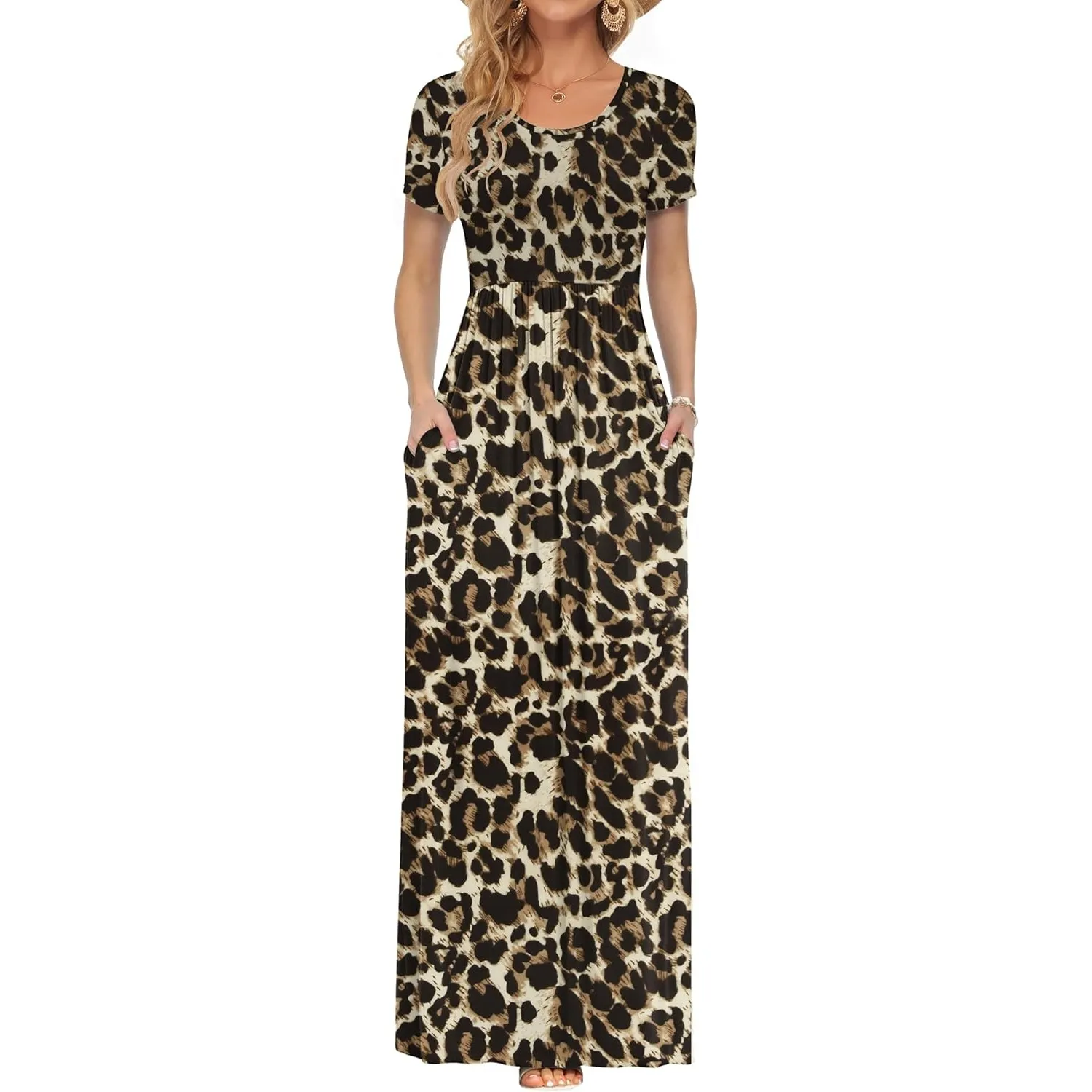AUSELILY Damen Kurzarm Sommer Casual Long Maxi Kleider mit Taschen
