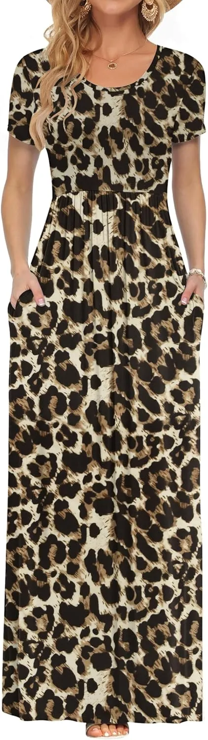 Auselily Women's Short-Sleeved, Loose Casual Long Maxi Dresses with Pockets