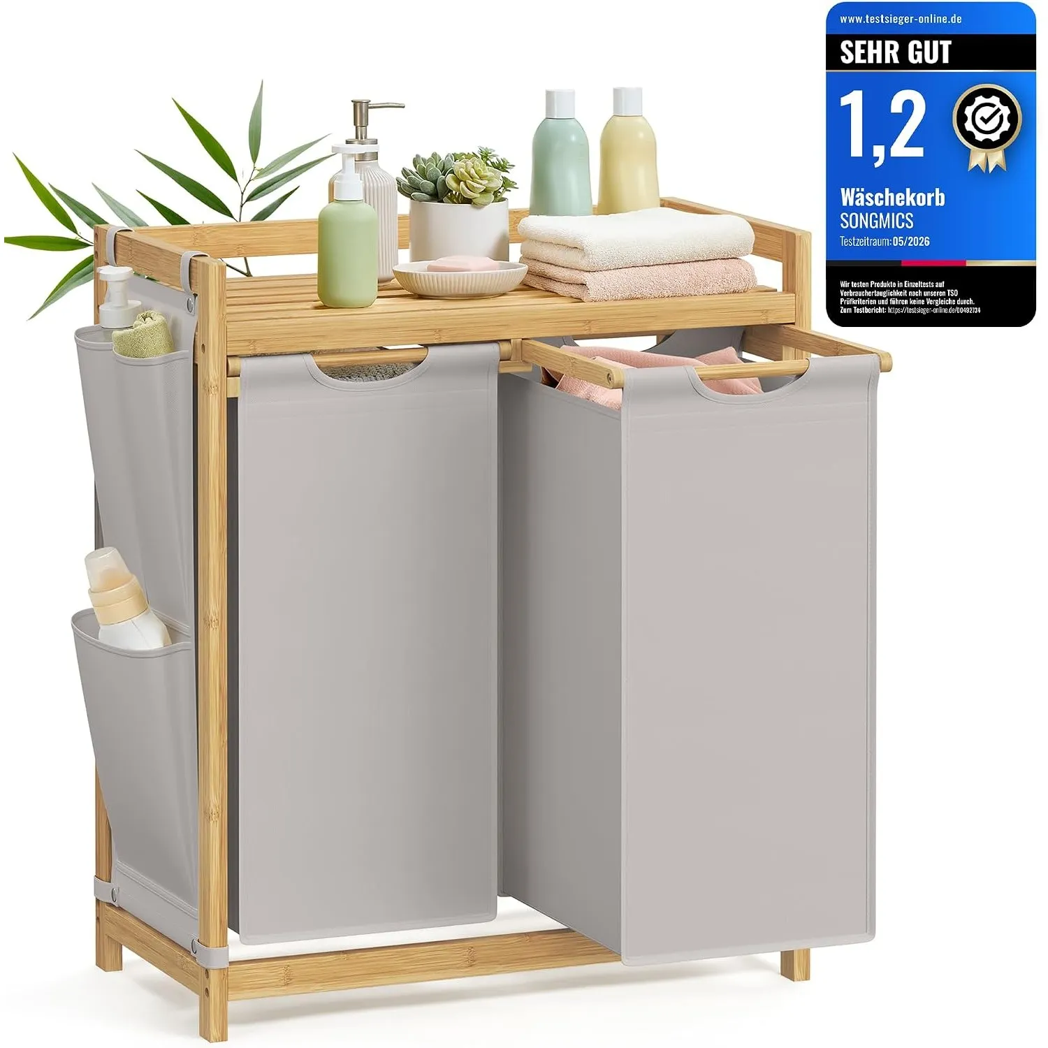 SONGMICS Wäschekorb 2 Fächer, Bambus, 100 L, mit 1 Ablage