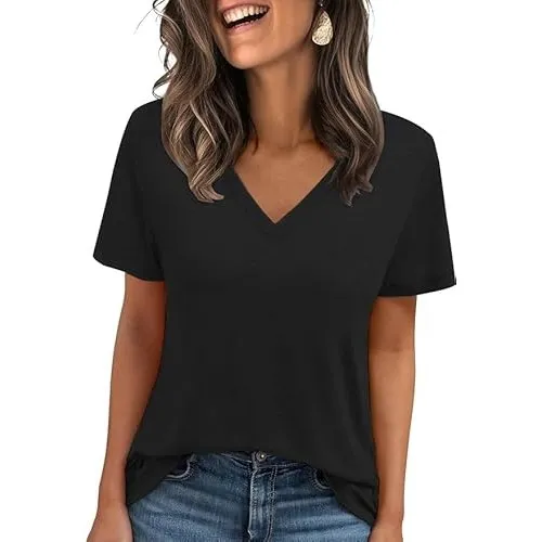 Cuptacc Tshirt Damen Sommer Basic Shirt Oberteile Damen V-Ausschnitt Kurzarm Einfarbig Casual Top