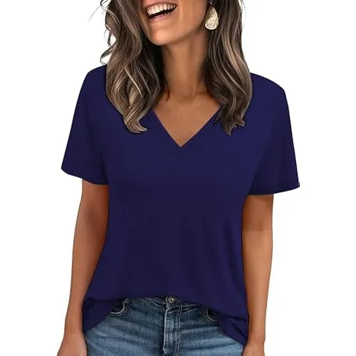 Cuptacc Tshirt Damen Sommer V-Ausschnitt Oberteile Kurzarm Elegant Shirt | Kurzärmeliges,V-Ausschnitt,Elegant,Basic,Obe…