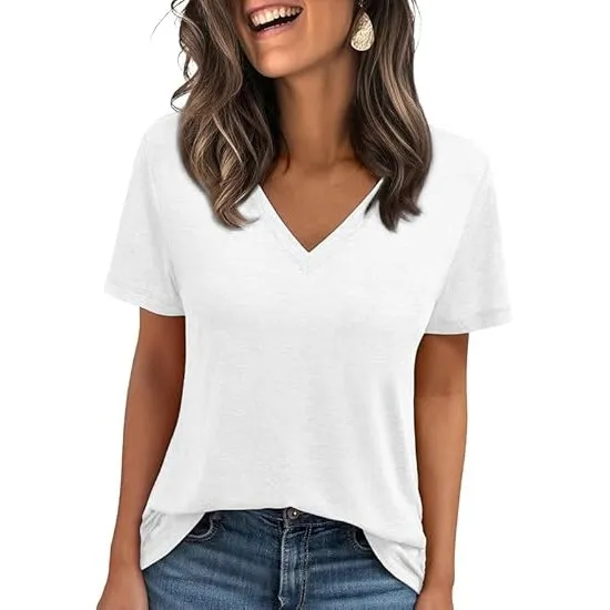 Cuptacc Tshirt Damen Sommer V-Ausschnitt Oberteile Kurzarm Elegant Shirt | Kurzärmeliges,V-Ausschnitt,Elegant,Basic,Obe…