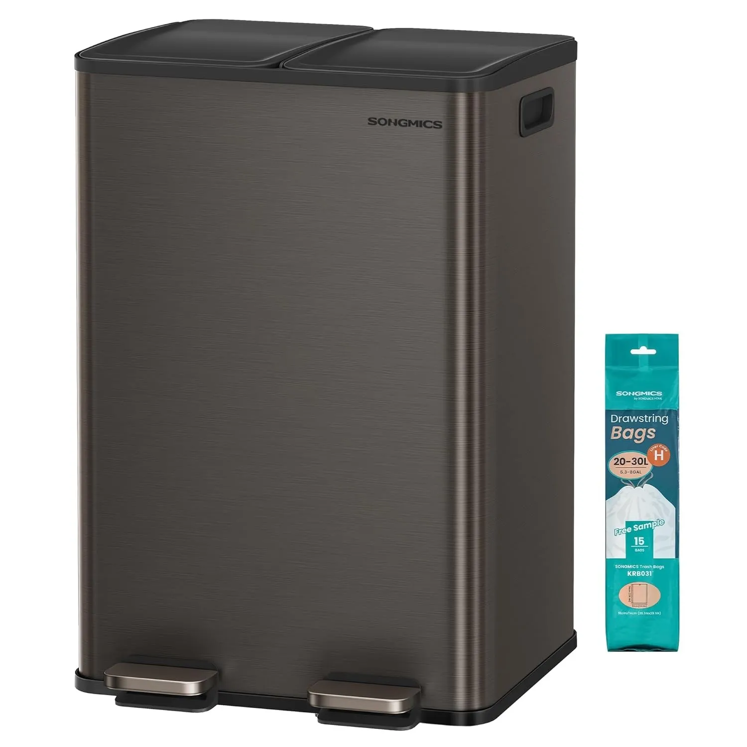 SONGMICS Mülleimer Küche, 2 x 30 Liter, 2 Fächer, Abfalleimer, Tretmülleimer, Küchenmülleimer mit Softclose-Deckel und …