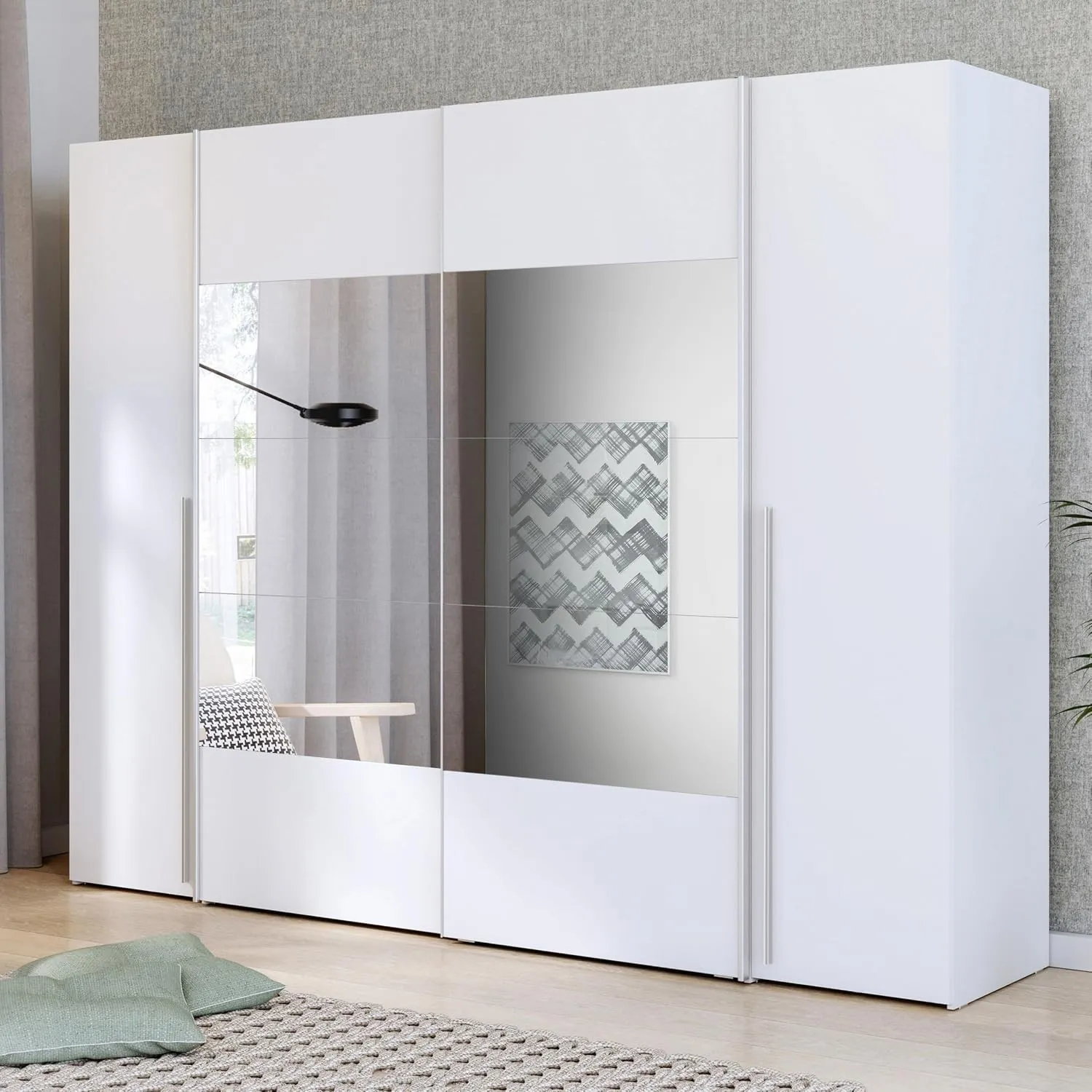 Forte NARAGO Kleiderschrank 270, 4-türiger Dreh-/Schwebetürenschrank mit Spiegel, Einlegeböden und Kleiderstange, Holzw…