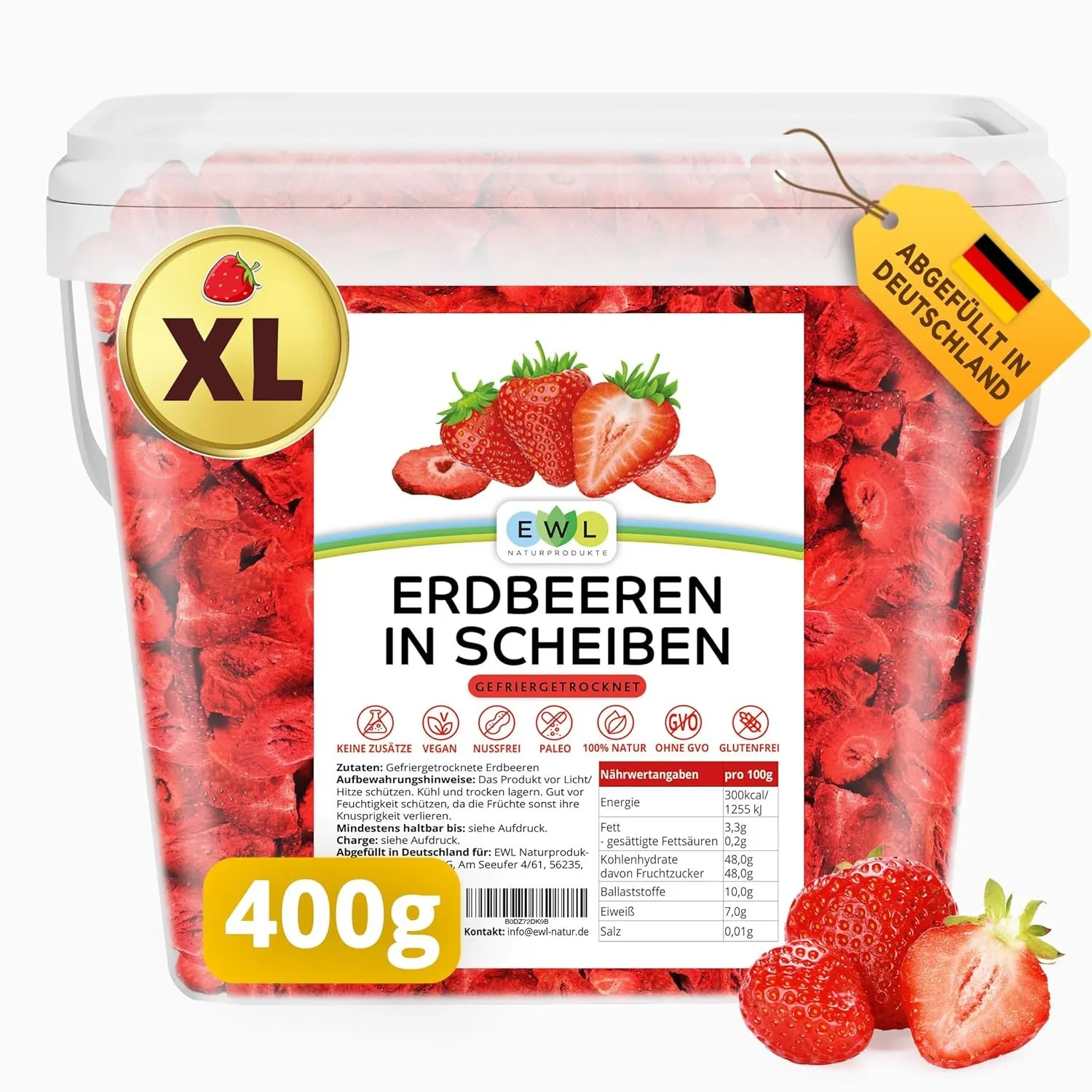 EWL Gefriergetrocknete Erdbeeren 400g | 100% Frucht | Ohne Zucker | Eimer