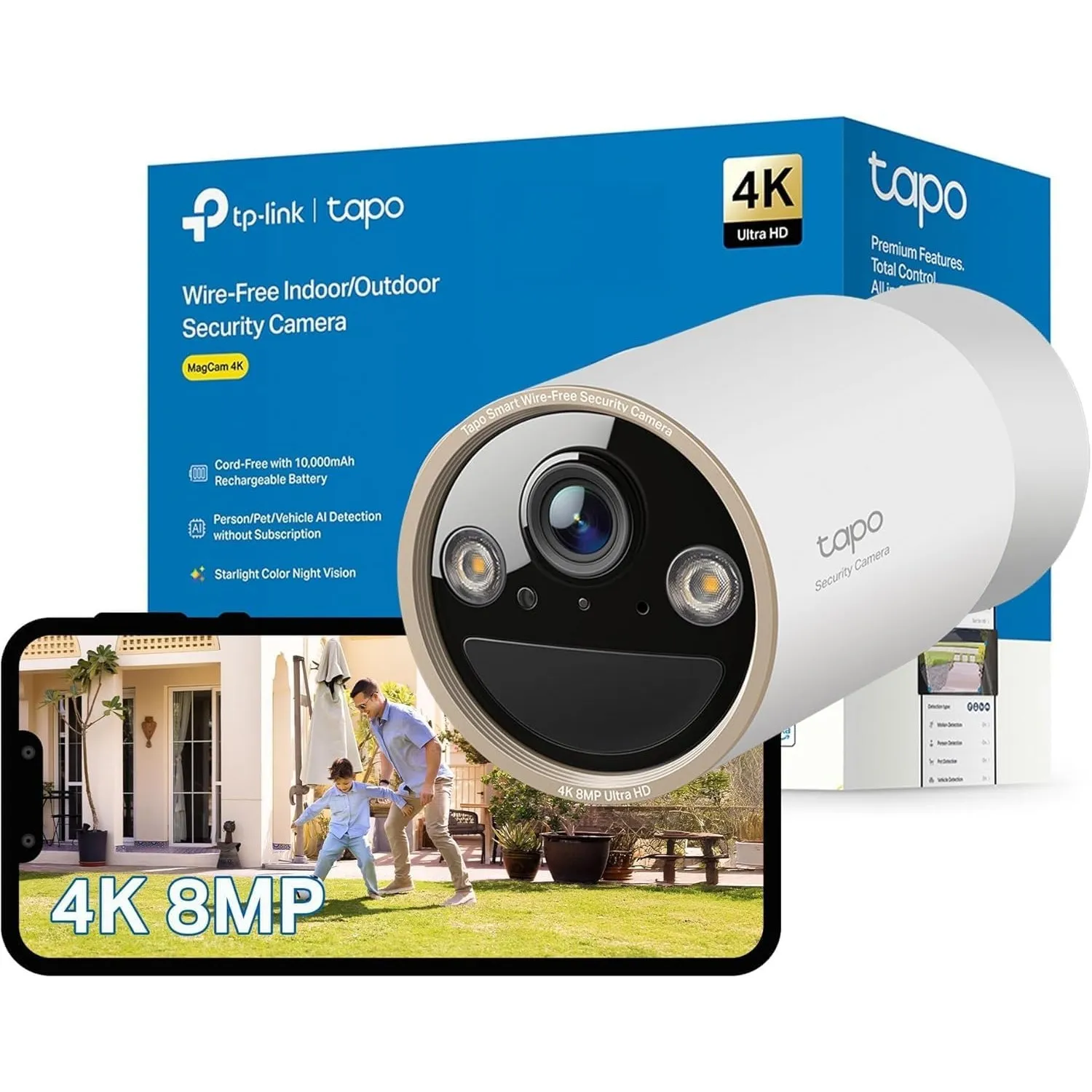 Tapo C460 4K 8MP Überwachungskamera Aussen Akku, Starlight-Farb-Nachtsicht, Dual-Band WLAN, Magnetfuß, Verschlüsselte m…